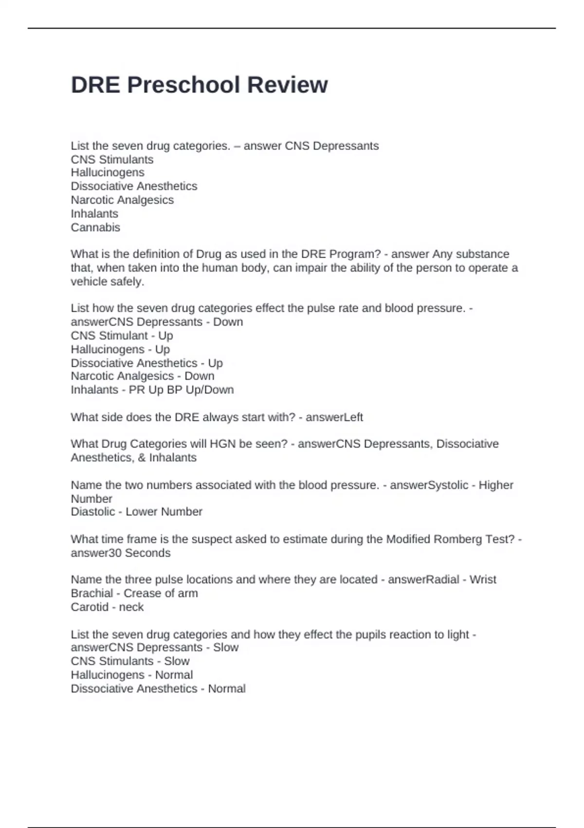 DRE Preschool Review Questions and Answers Correct - DRE - Stuvia US