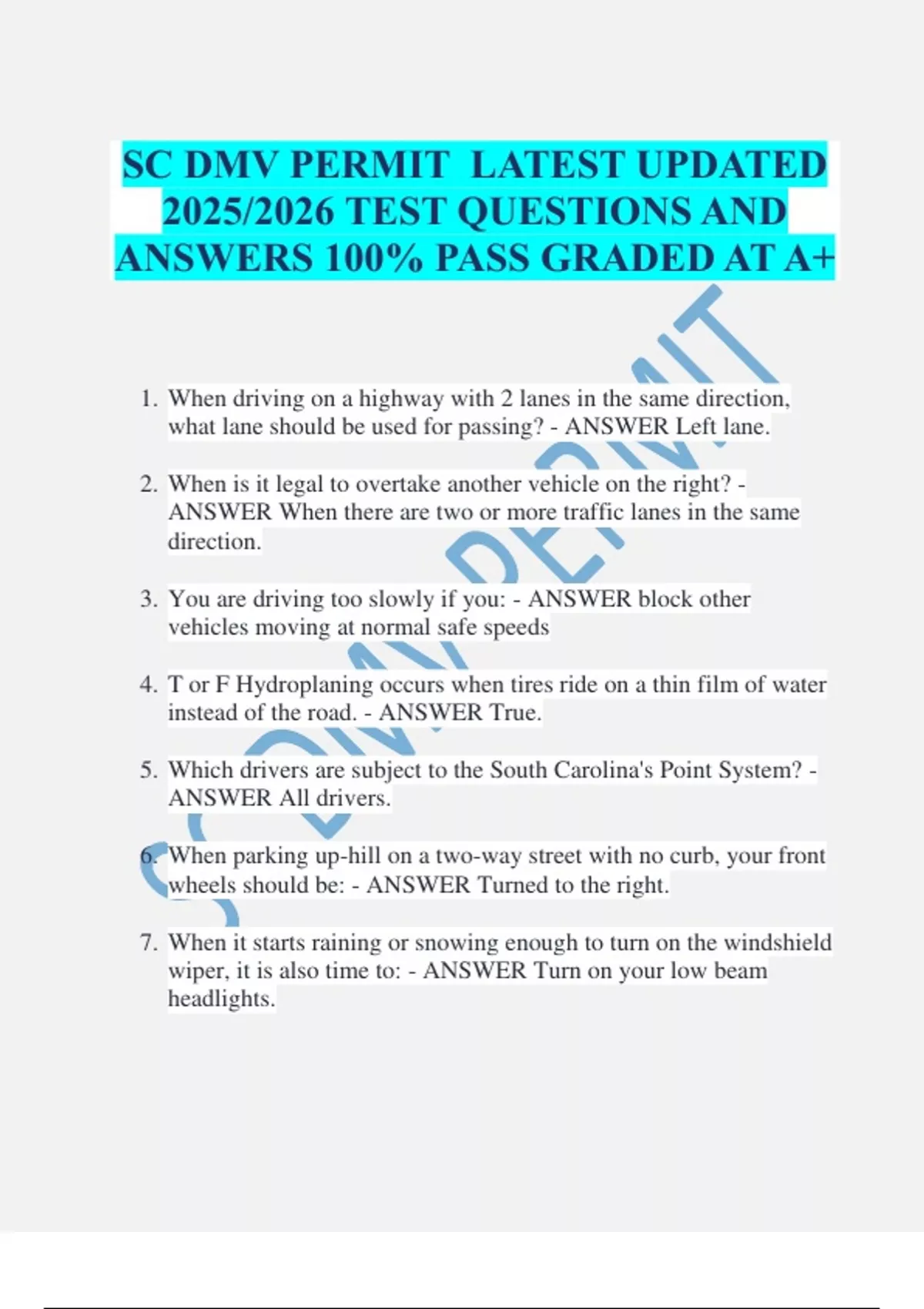 Sc Permit Design SC DMV PERMIT LATEST UPDATED 2025/2026 TEST QUESTIONS AND ANSWERS 100% ...