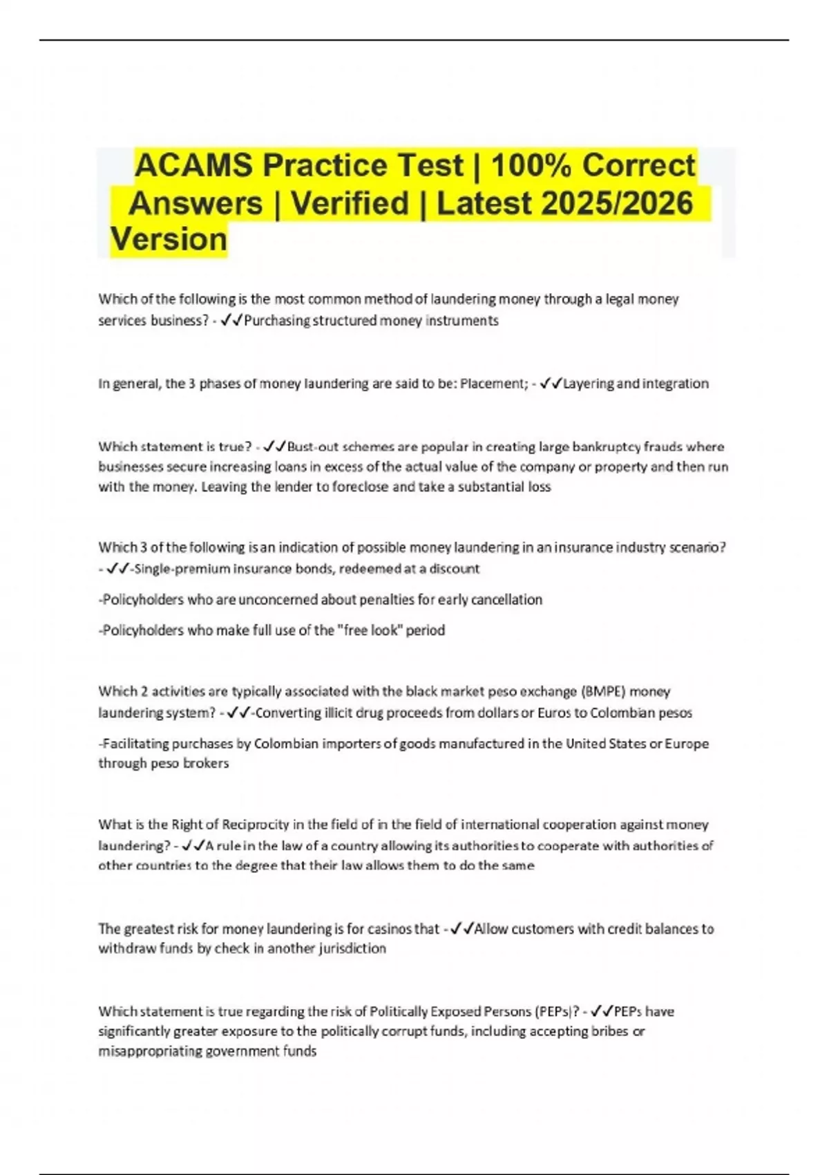 ACAMS Practice Exam 2025 | 100% Correct Answers | Verified | Latest ...