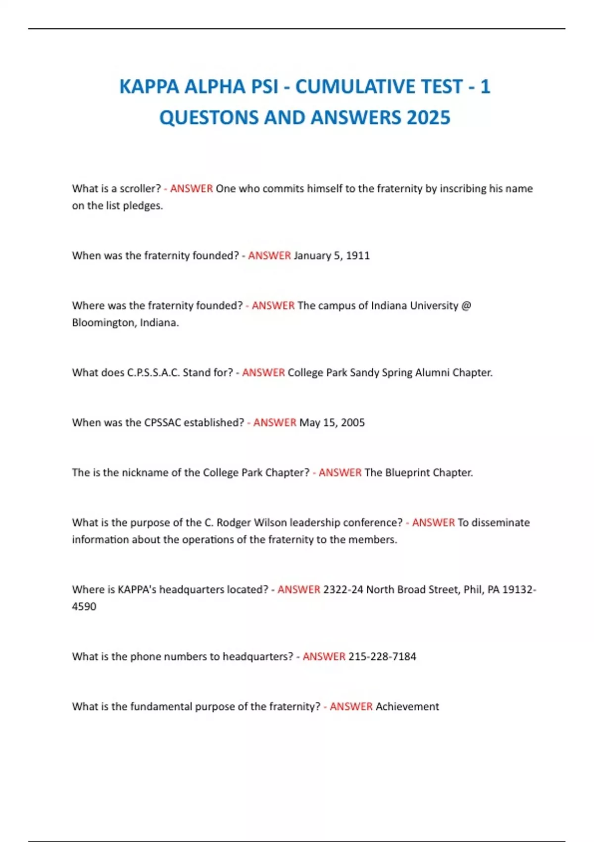 KAPPA ALPHA PSI - CUMULATIVE TEST - 1 QUESTONS AND ANSWERS 2025 - Kappa ...