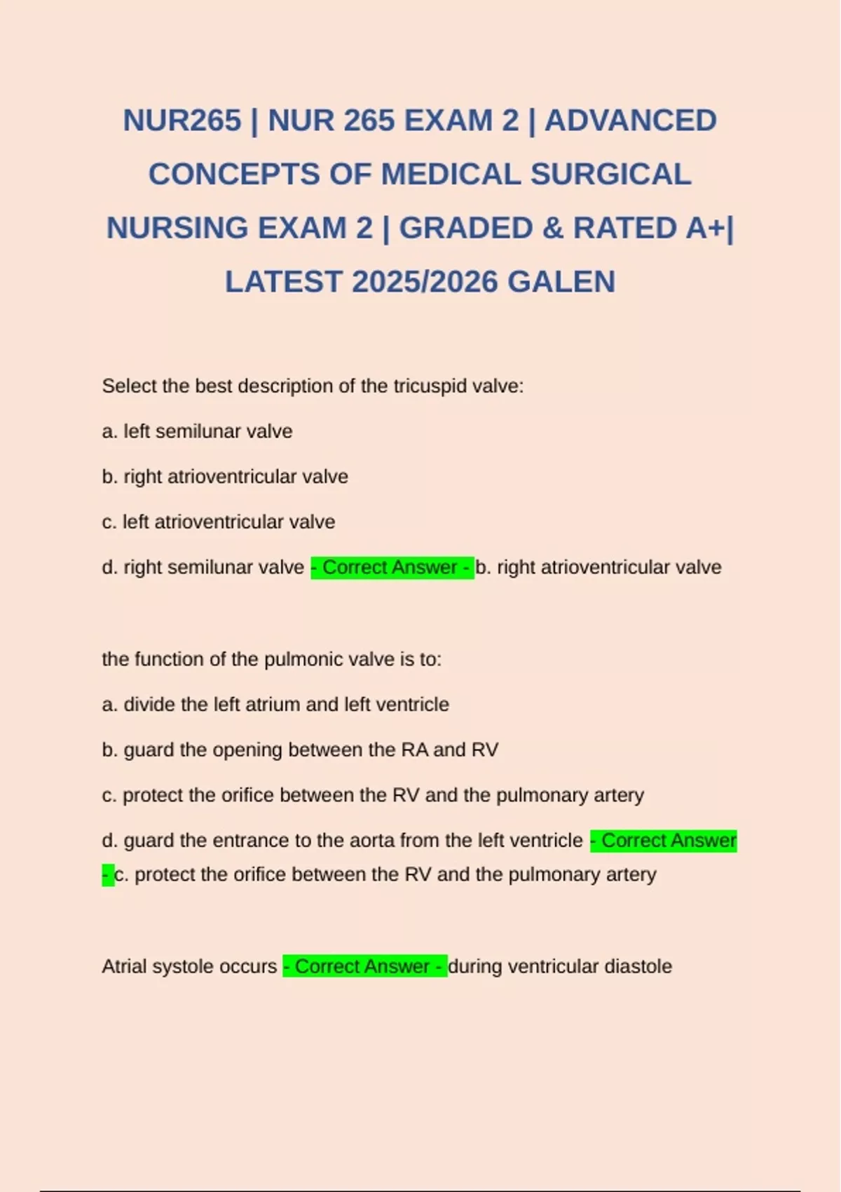 NUR265 | NUR 265 EXAM 2 | ADVANCED CONCEPTS OF MEDICAL SURGICAL NURSING ...