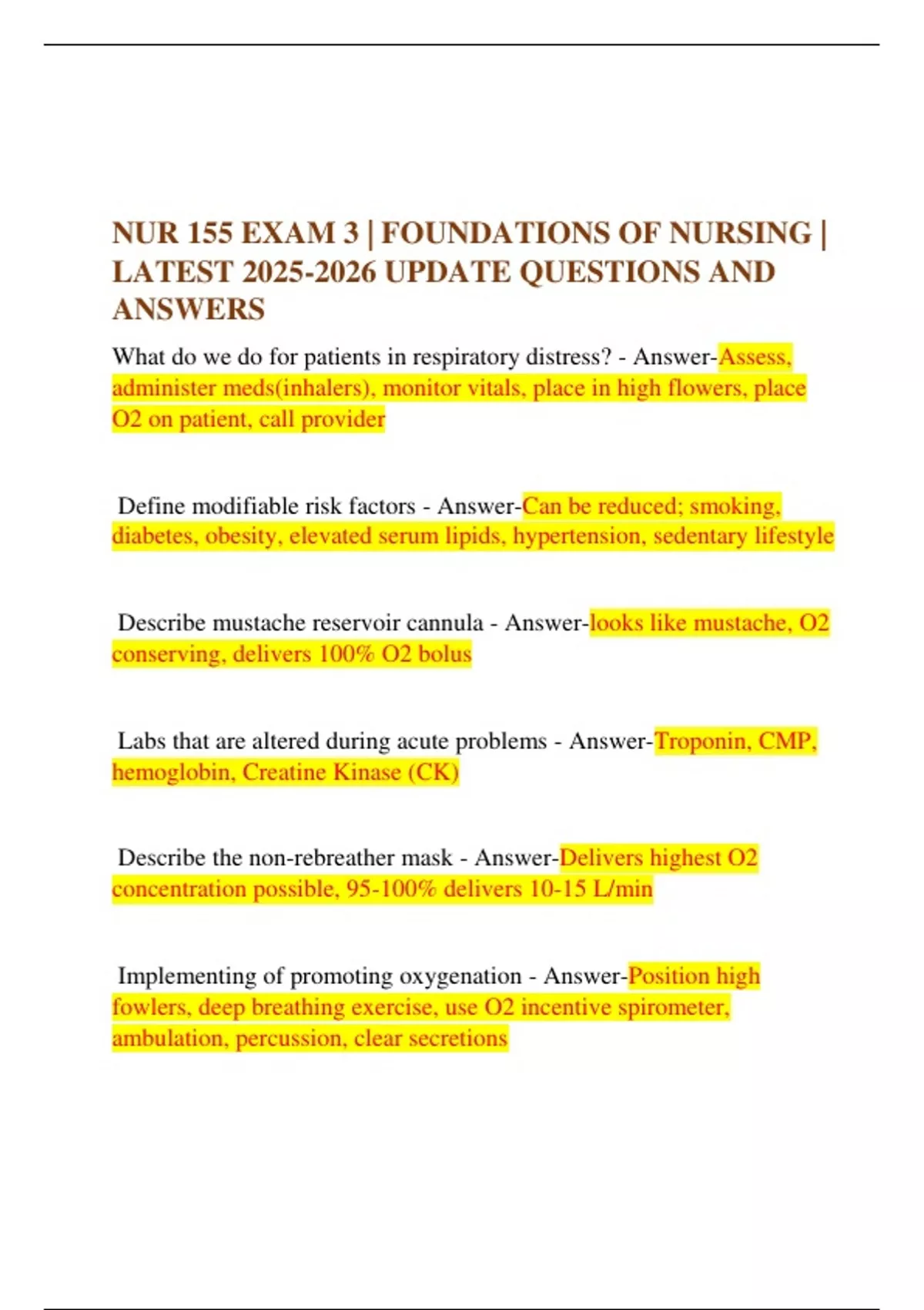 NUR 155 EXAM 3 | FOUNDATIONS OF NURSING | LATEST UPDATE QUESTIONS AND ...