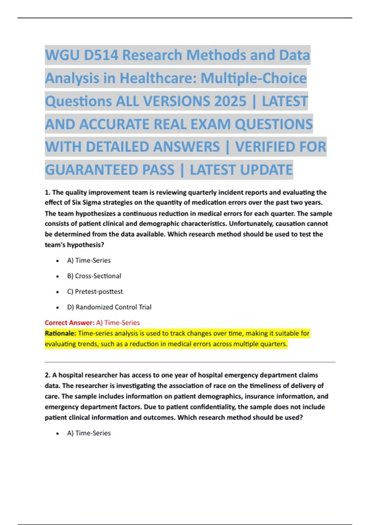 WGU D514 Research Methods and Data Analysis in Healthcare: Multiple ...
