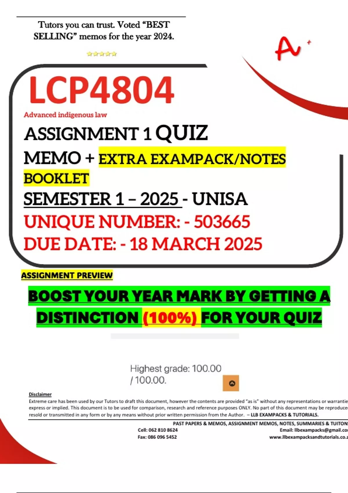 LCP4804 ASSIGNMENT 1 QUIZ MEMO - SEMESTER 1 - 2025 - UNISA – DUE DATE ...