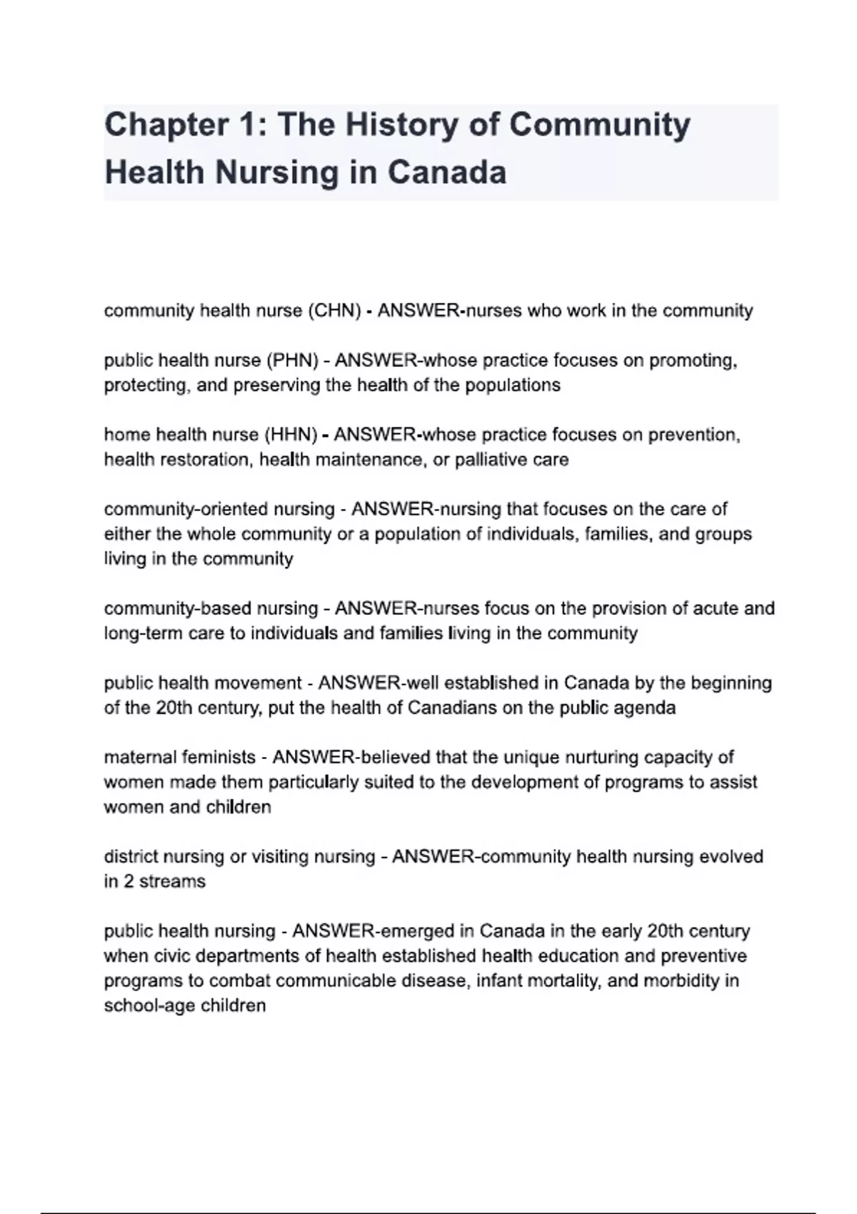 Chapter 1 The History of Community Health Nursing in Canada questions ...