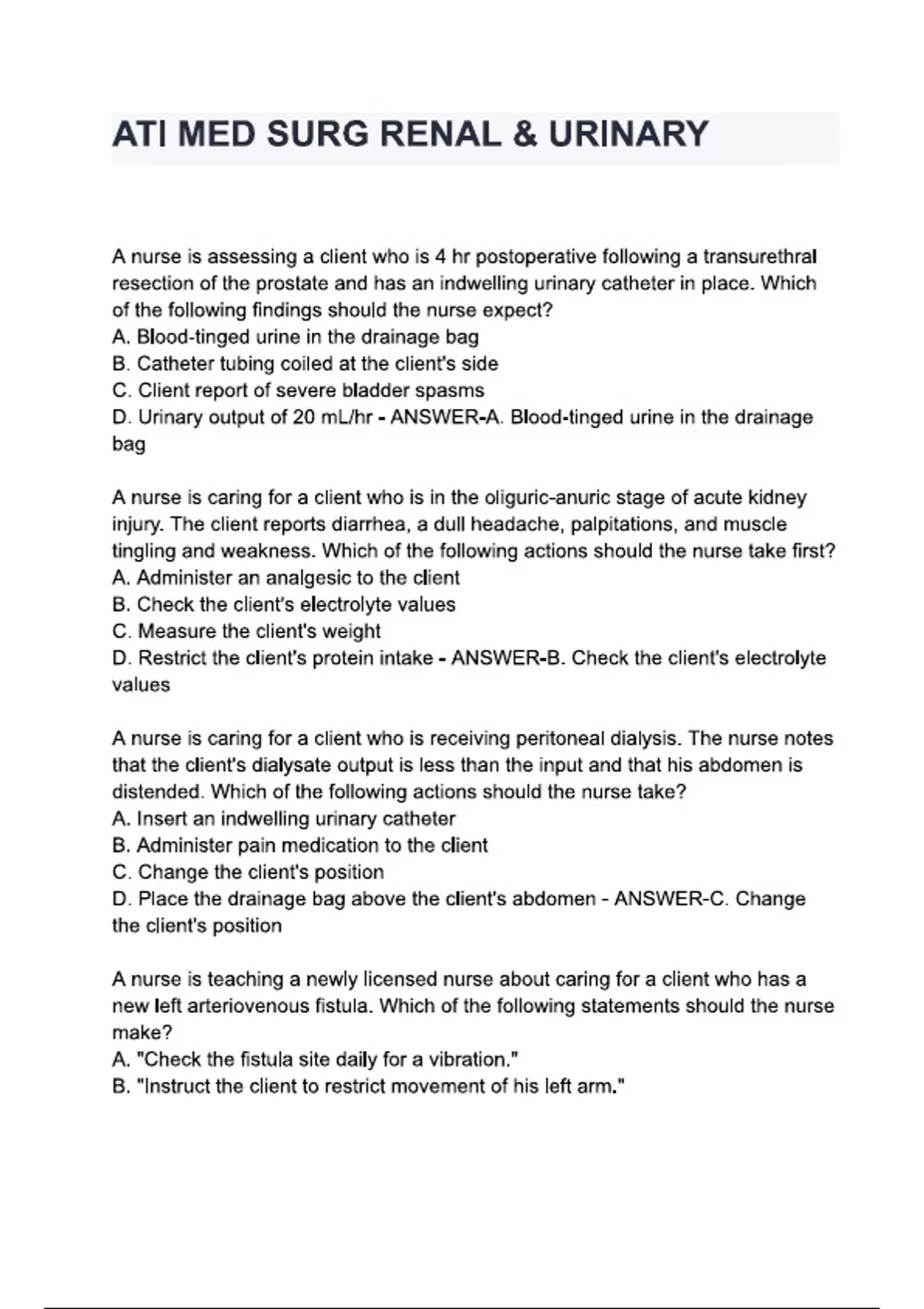 ATI MED SURG RENAL & URINARY questions and answers. - Nursing. - Stuvia UK