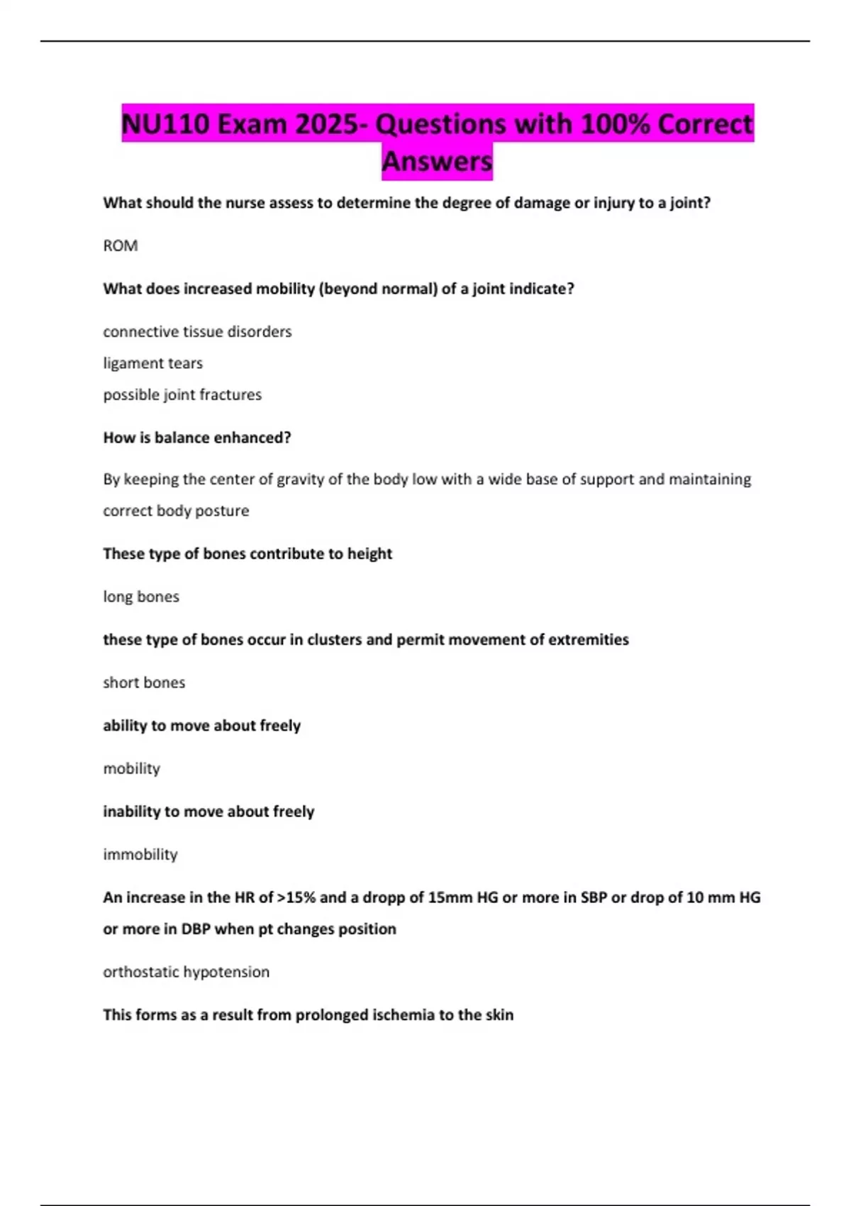 NU110 Exam 2025- Questions with 100% Correct Answers - NU110 - Stuvia US