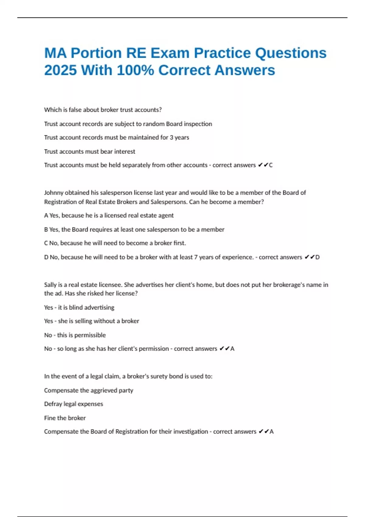 MA Portion RE Exam Practice Questions 2025 With 100% Correct Answers ...