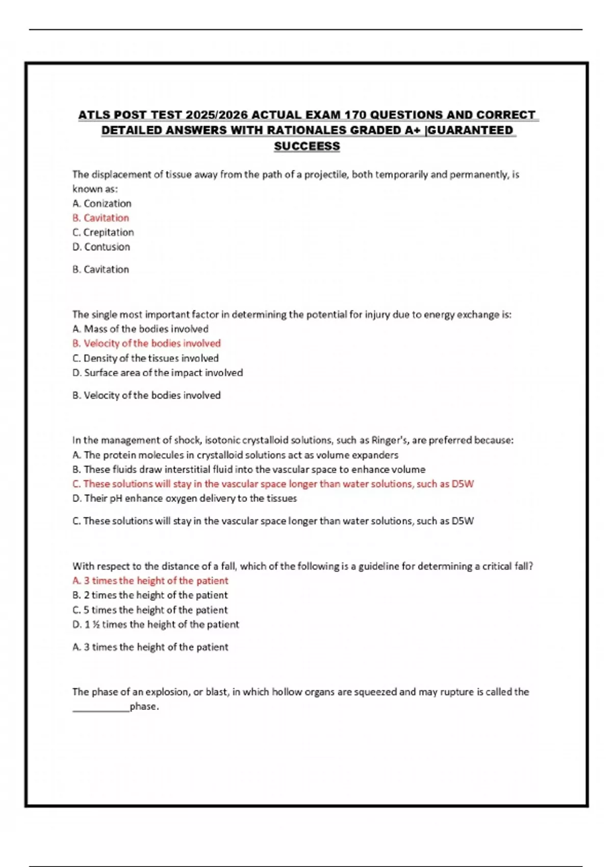 ATLS POST TEST 2025/2026 ACTUAL EXAM 170 QUESTIONS AND CORRECT DETAILED ...
