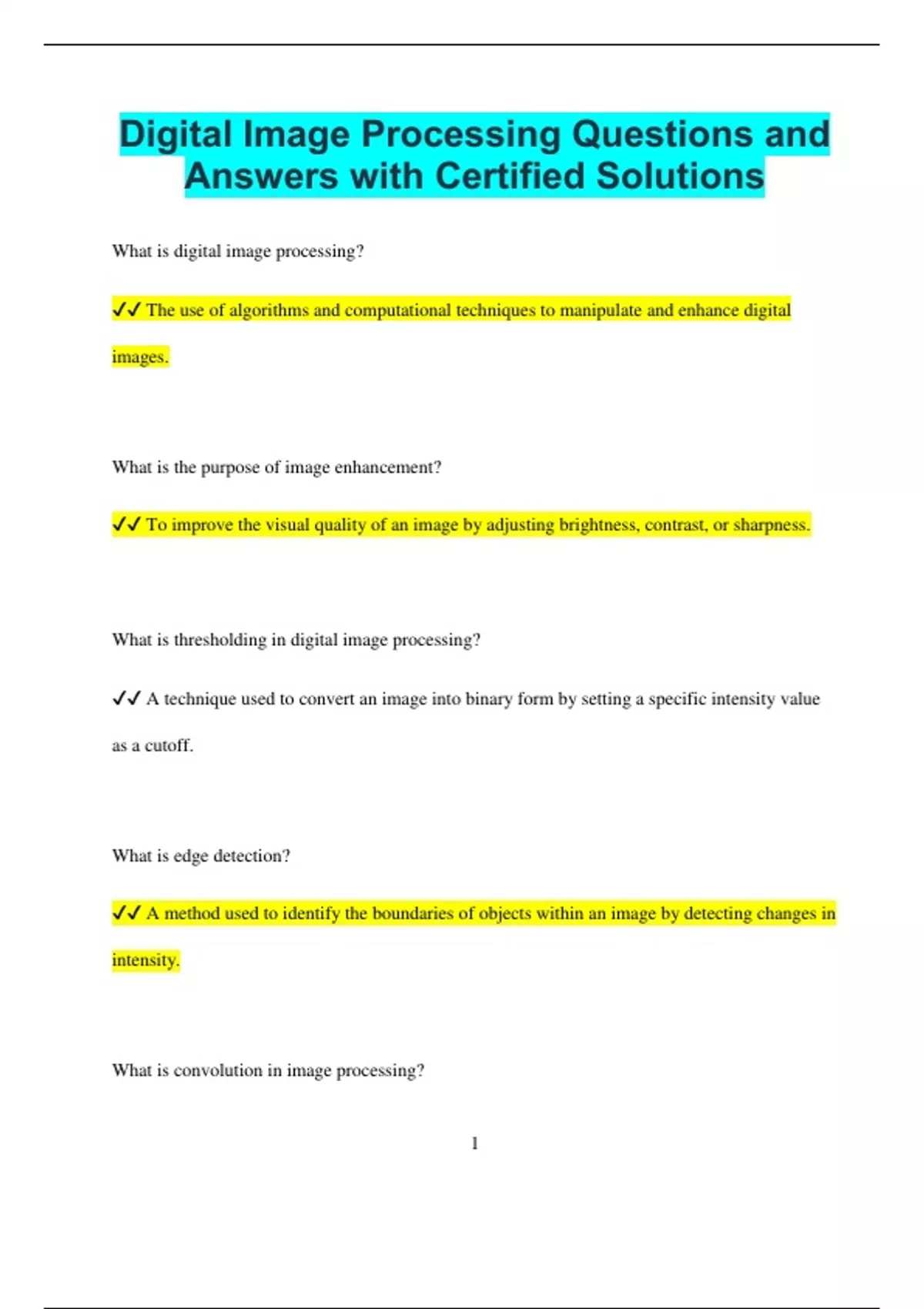 Digital Image Processing Questions and Answers with Certified Solutions ...