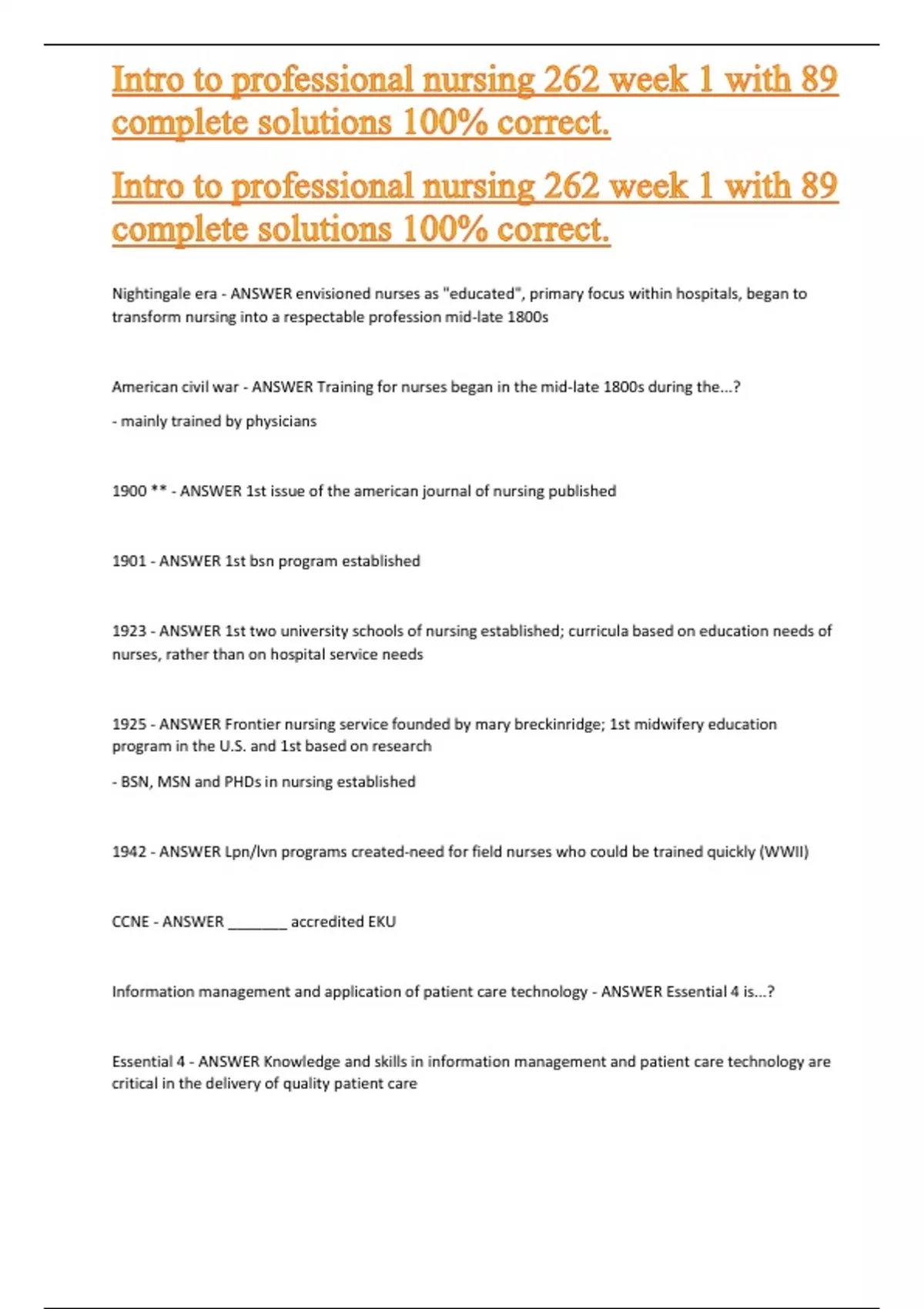 Intro to professional nursing 262 week 1 with 89 complete solutions 100 ...
