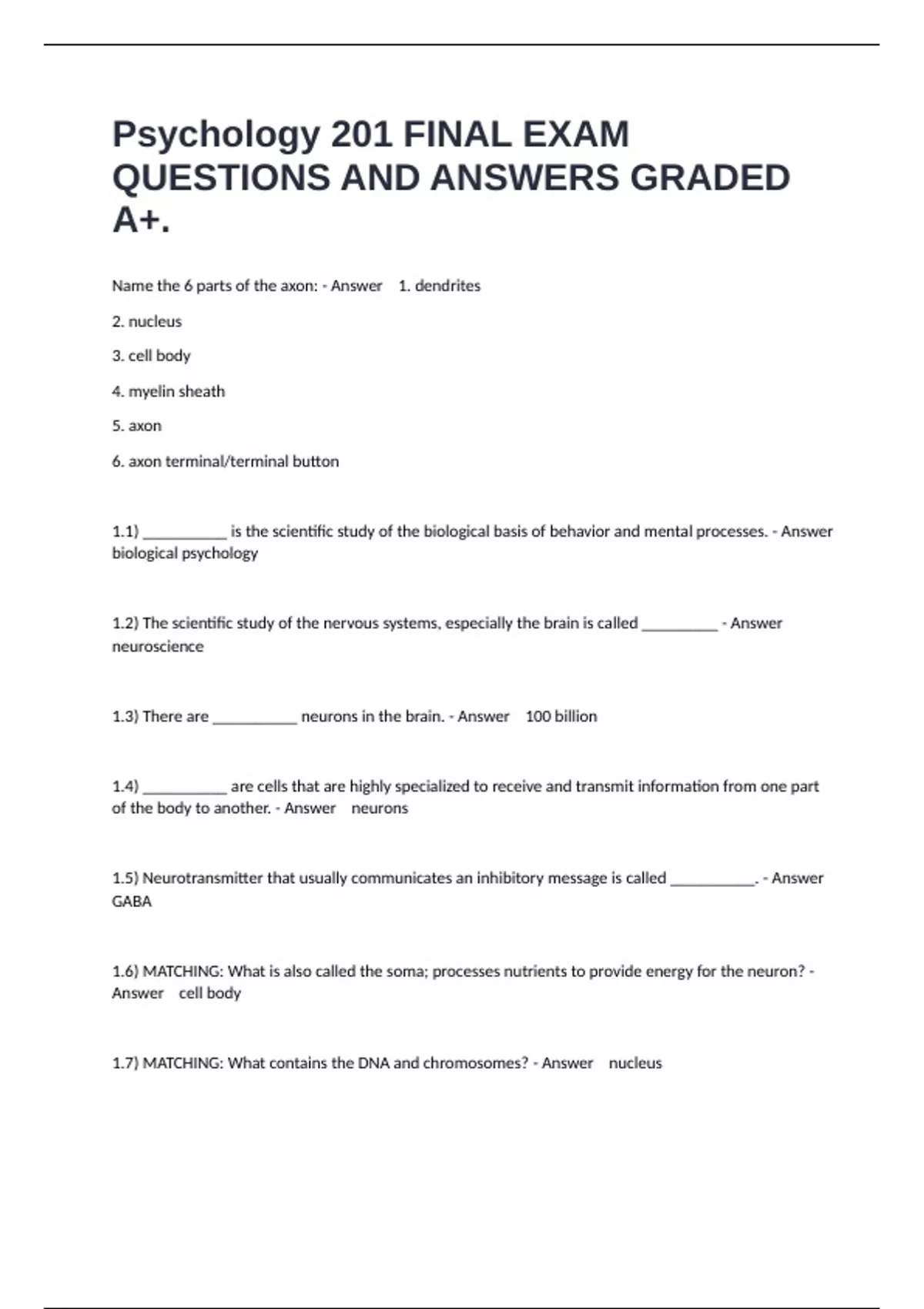 Psychology 201 FINAL EXAM QUESTIONS AND ANSWERS GRADED A+. - PSY 201 ...