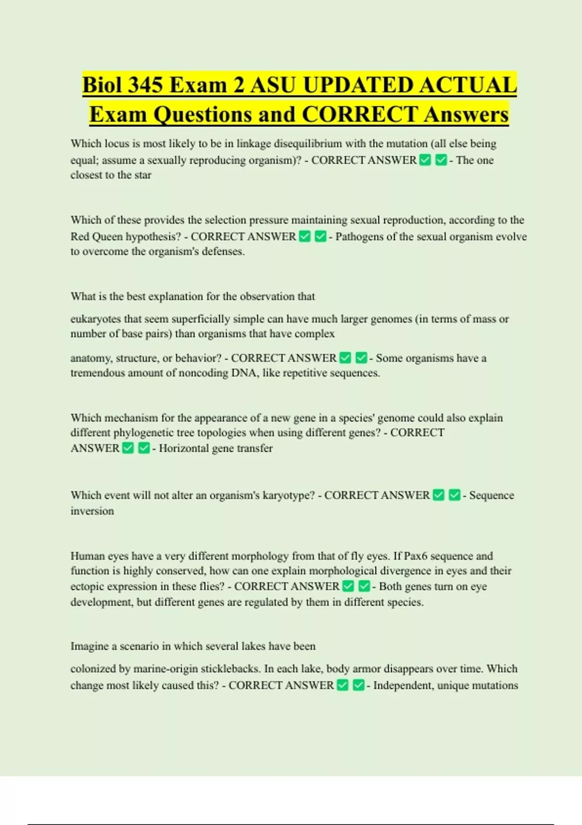 Biol 345 Exam 2 ASU UPDATED ACTUAL Exam Questions and CORRECT Answers ...