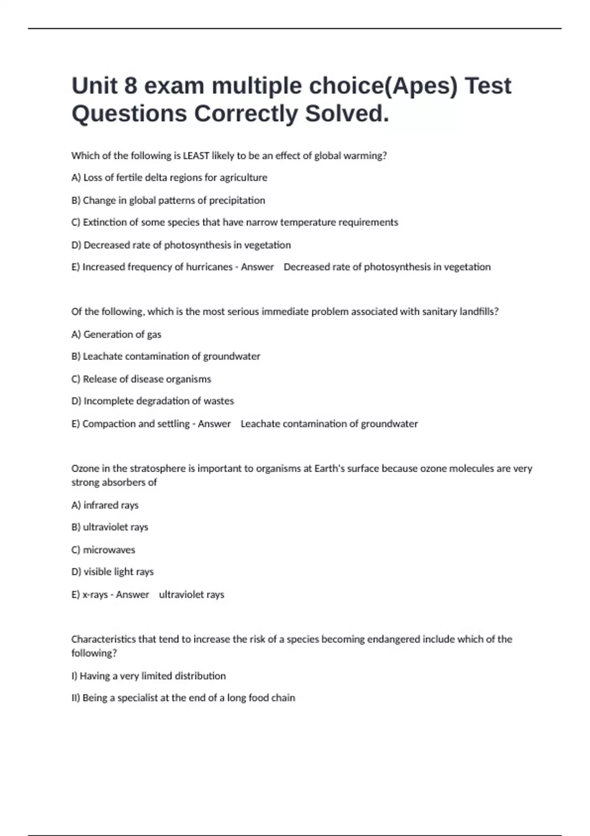 Unit 8 exam multiple choice(Apes) Test Questions Correctly Solved. - AP ...
