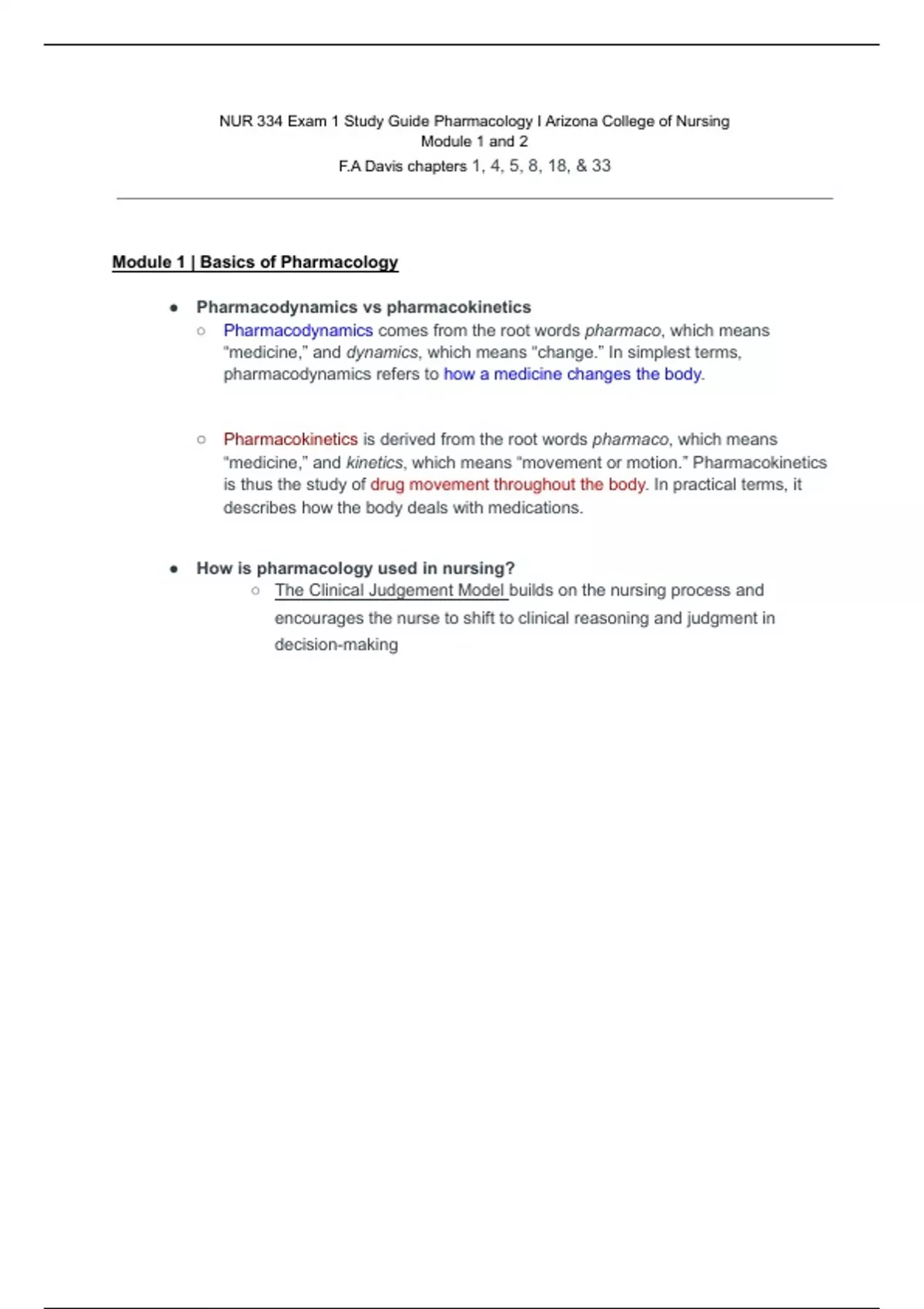 NUR 334 Exam 1 Study Guide Pharmacology I Arizona College of Nursing ...