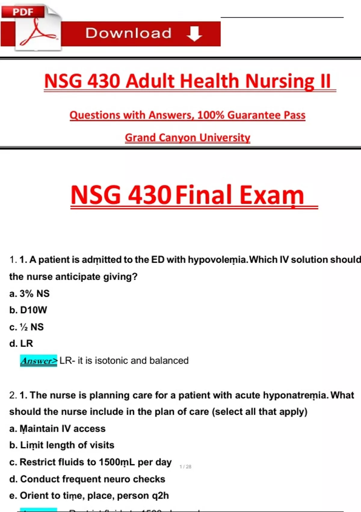 NSG 430 Adult Health Nursing II: Final Exam Test Questions with ...