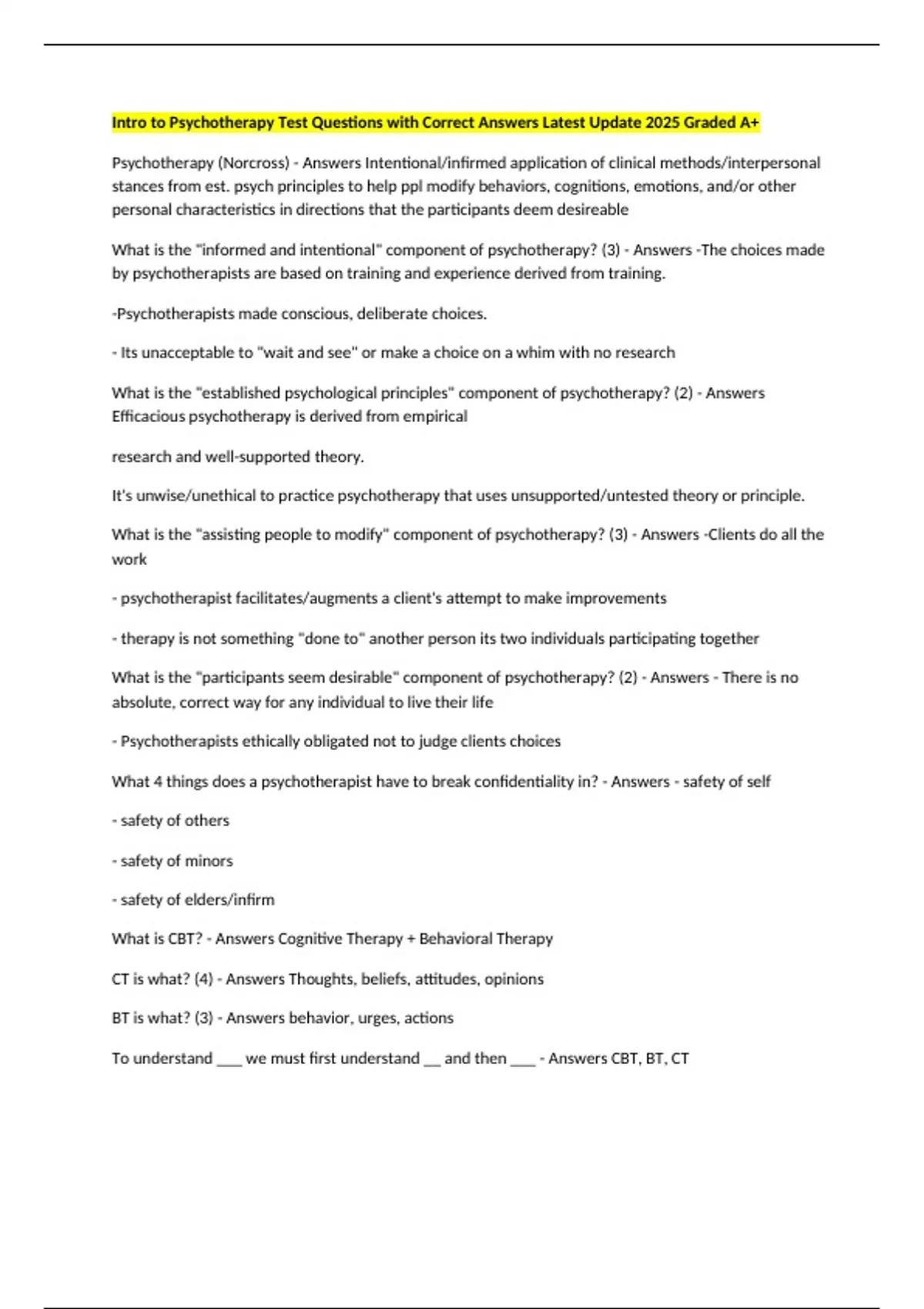 Intro to Psychotherapy Test Questions with Correct Answers Latest ...