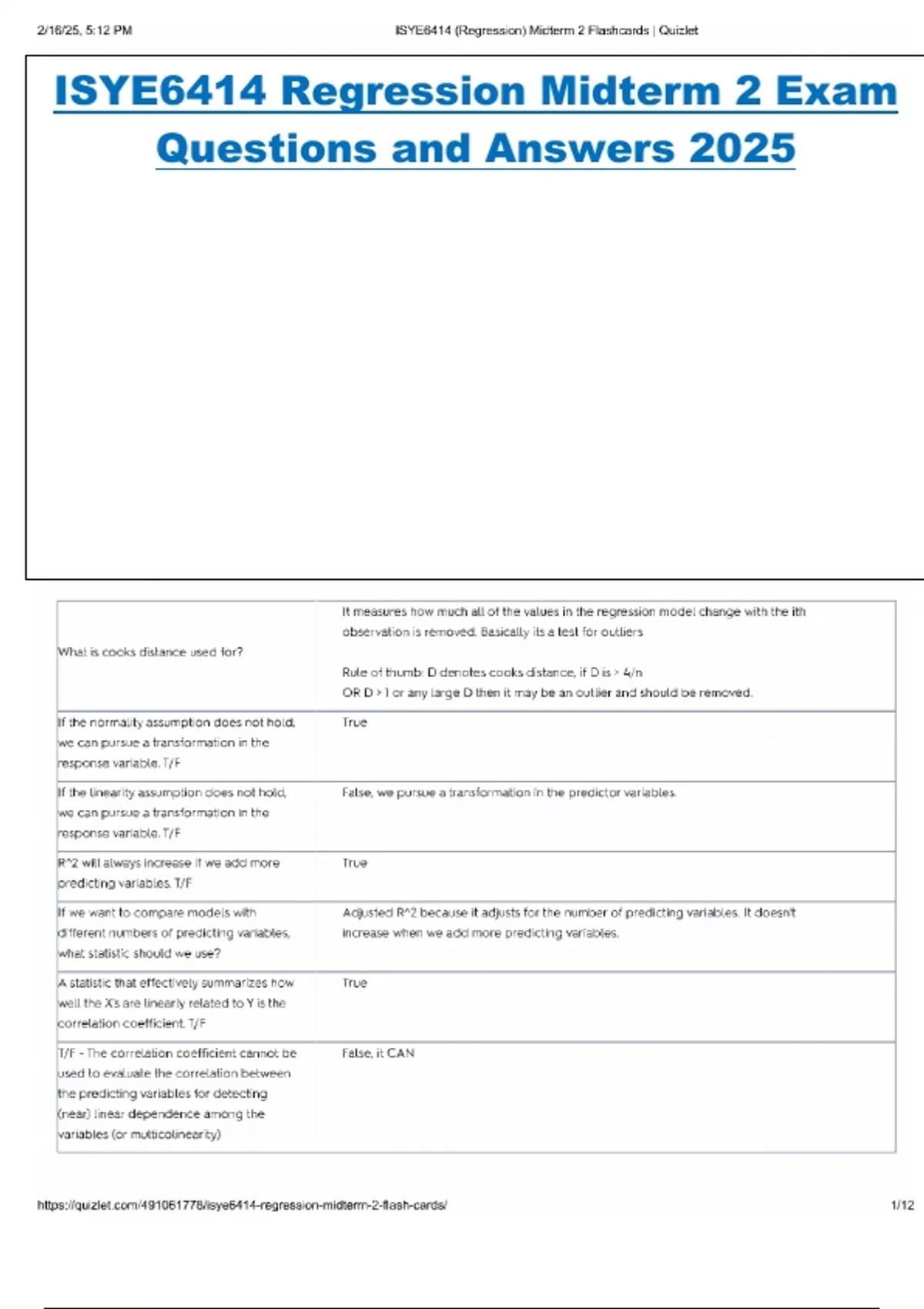 ISYE6414 Regression Midterm 2 Exam Questions and Answers 2025 - ISYE ...