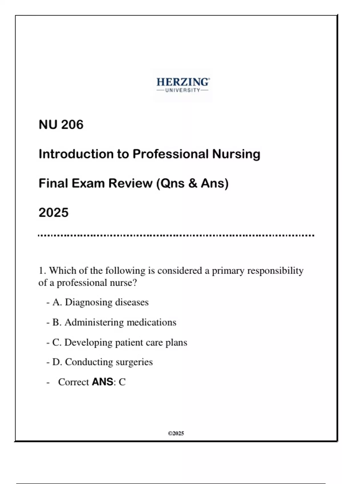 NU 206 Intro to Professional Nursing (HU) Final Exam Review 2025 (Qns ...