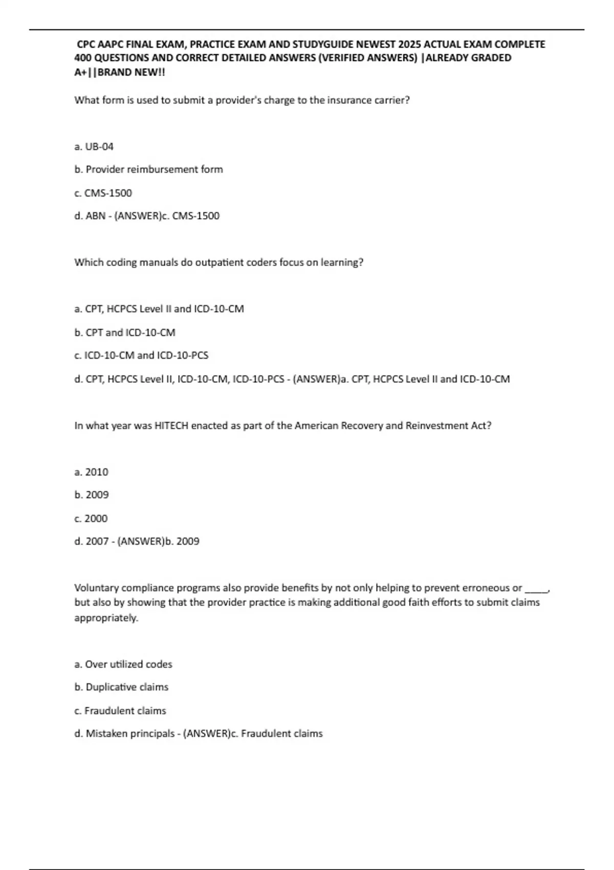 CPC AAPC FINAL EXAM, PRACTICE EXAM AND STUDYGUIDE NEWEST 2025 ACTUAL ...