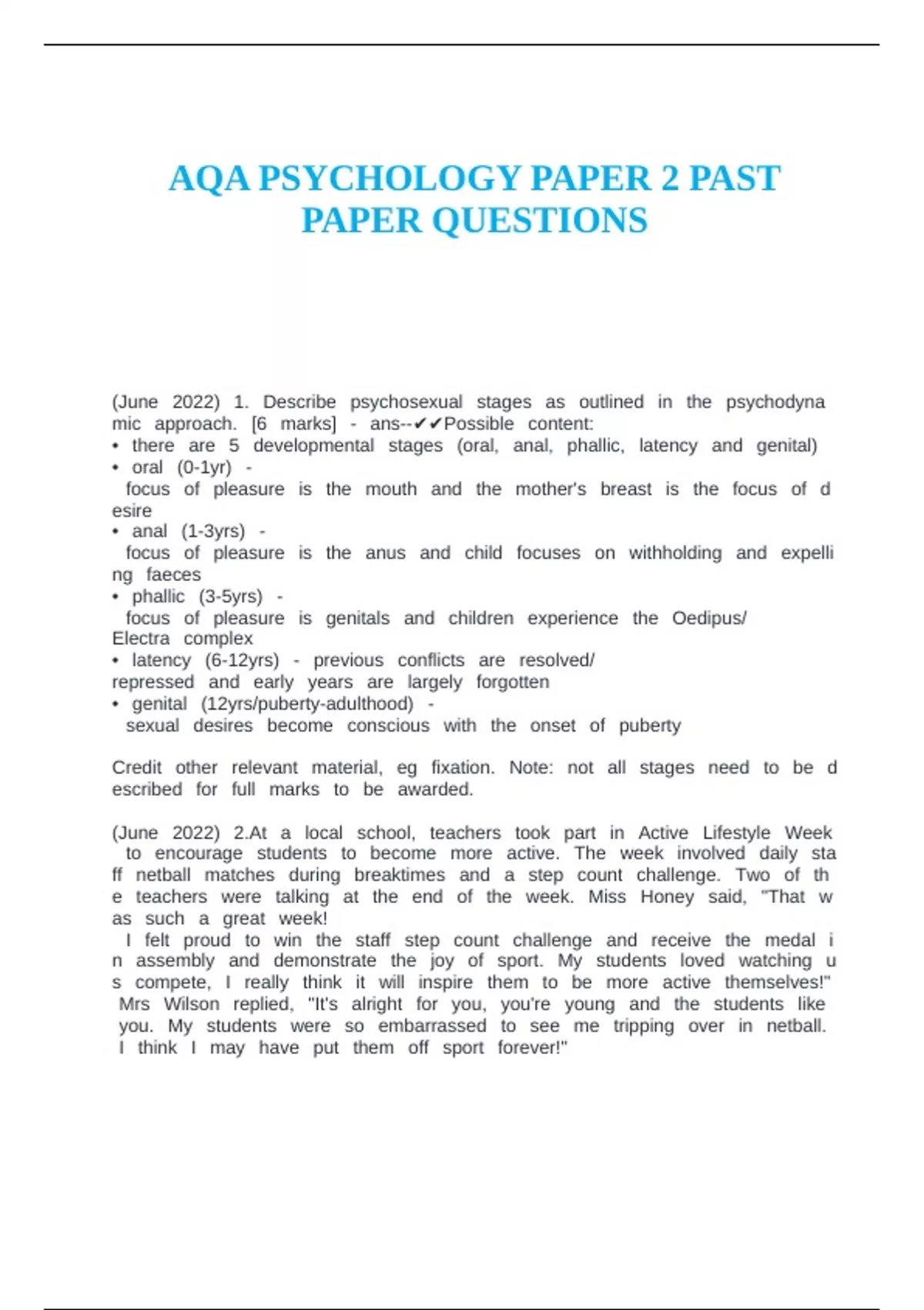 AQA PSYCHOLOGY PAPER 2 PAST PAPER QUESTIONS - AQA PSYCHOLOGY - Stuvia US