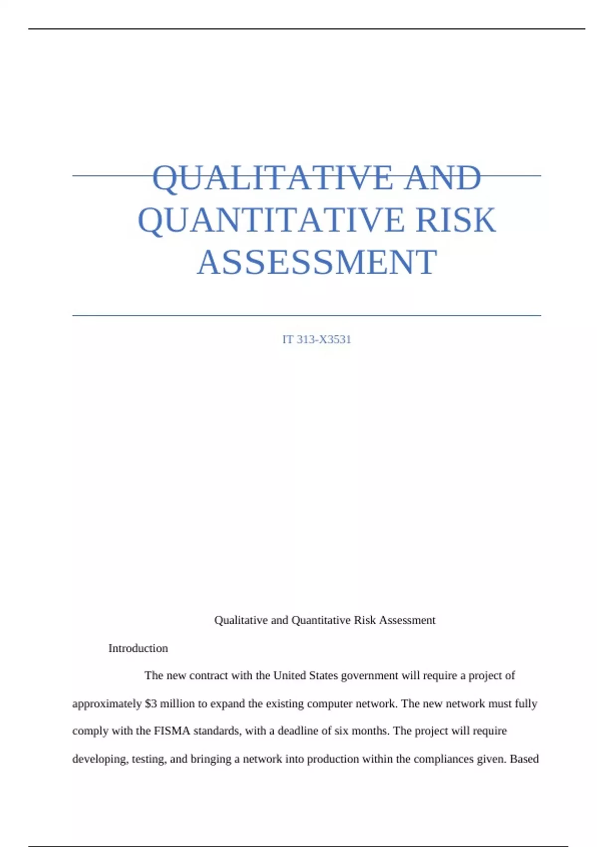 Summary QUALITATIVE AND QUANTITATIVE RISK ASSESSMENT IT 313-X3531 ...