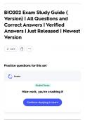 BIO202 Exam Study Guide &lpar; Version&rpar; &vert; All Questions and Correct Answers &vert; Verified Answers &vert; Just Released &vert; Newest Version