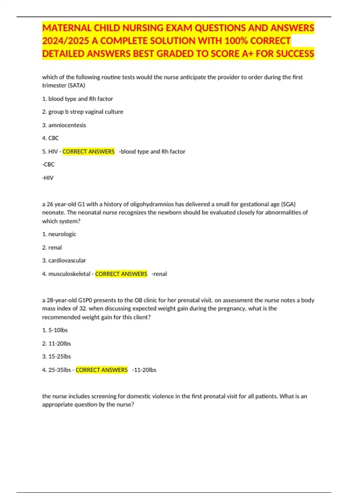 MATERNAL CHILD NURSING EXAM QUESTIONS AND ANSWERS 2024/2025 A COMPLETE ...