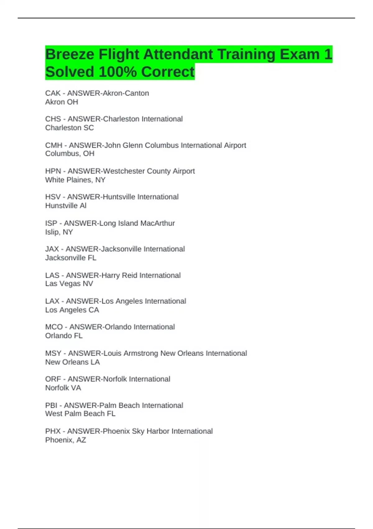 Breeze Flight Attendant Training Exam 1 Solved 100% Correct - Breeze ...