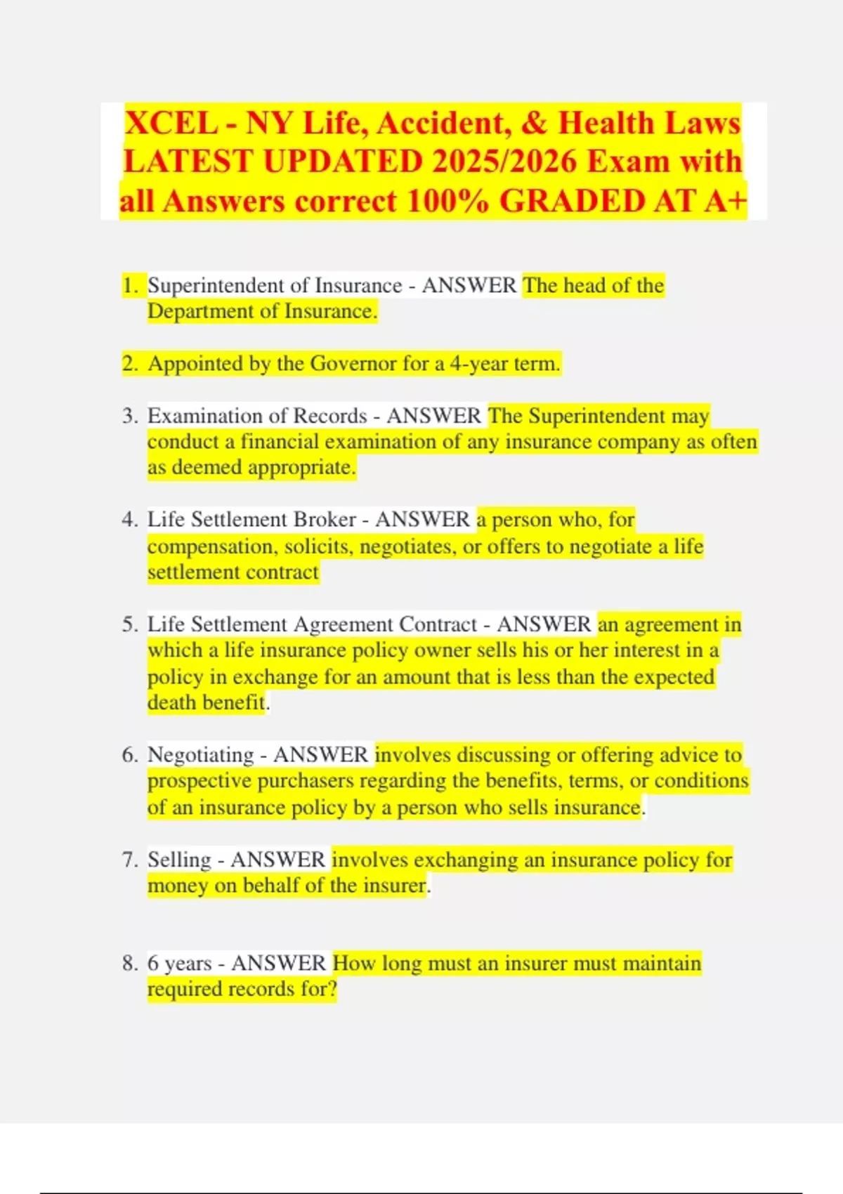 XCEL - NY Life, Accident, & Health Laws LATEST UPDATED 2025/2026 Exam ...
