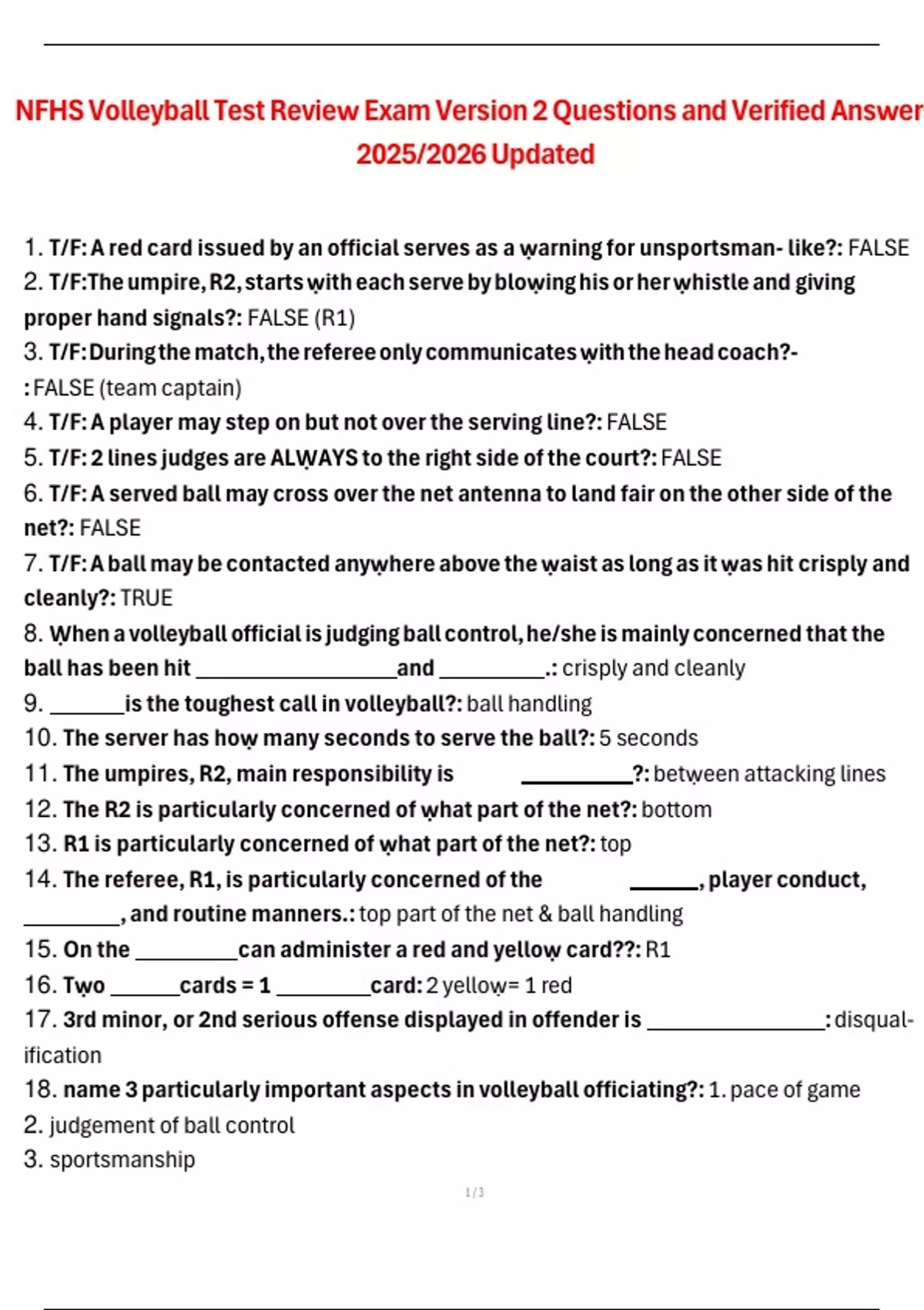 NFHS Volleyball Test Review Exam Version 2 Questions and Verified ...