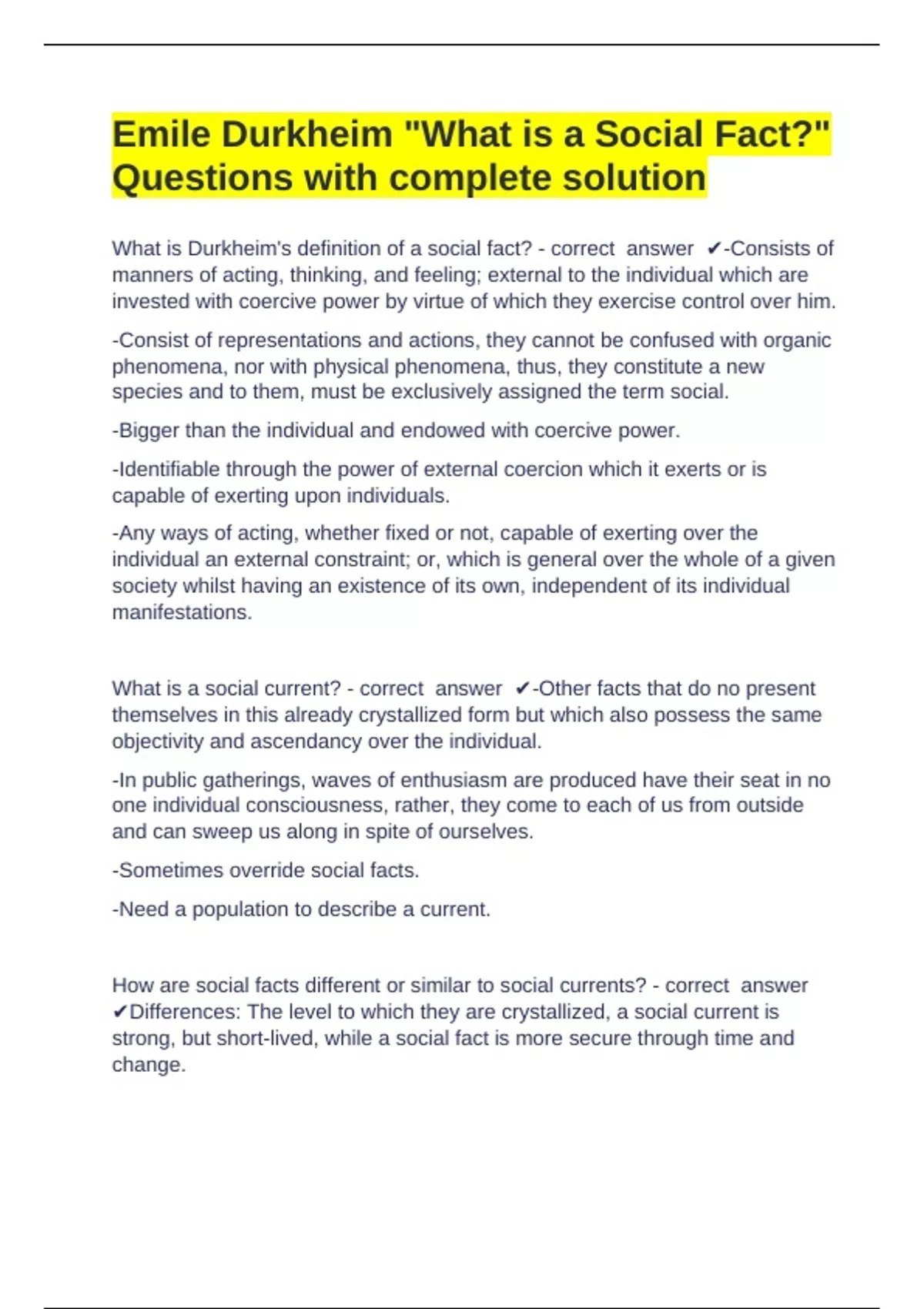 Emile Durkheim "What is a Social Fact?" Questions with complete ...