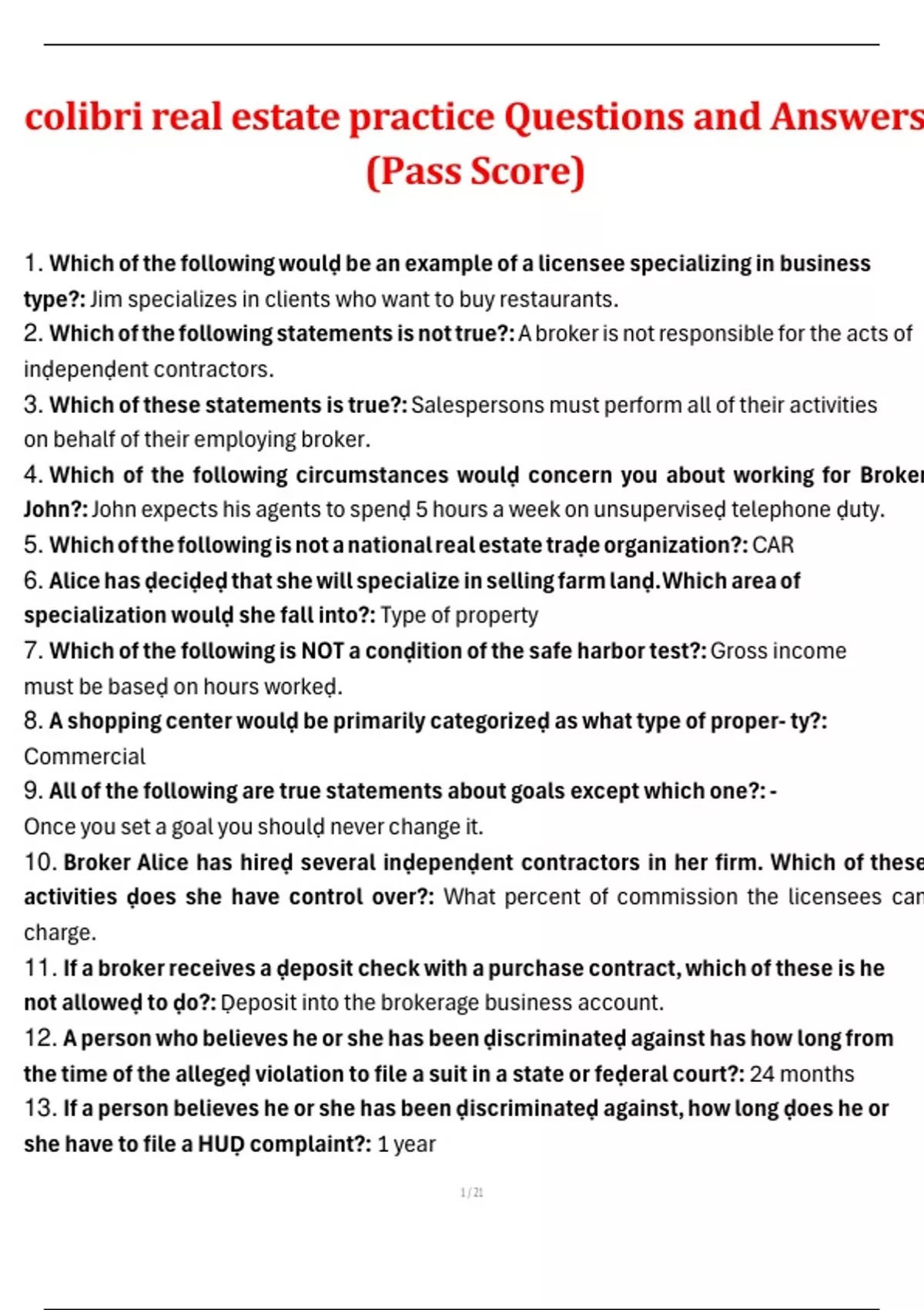 colibri real estate practice Questions and Answers (Pass Score ...