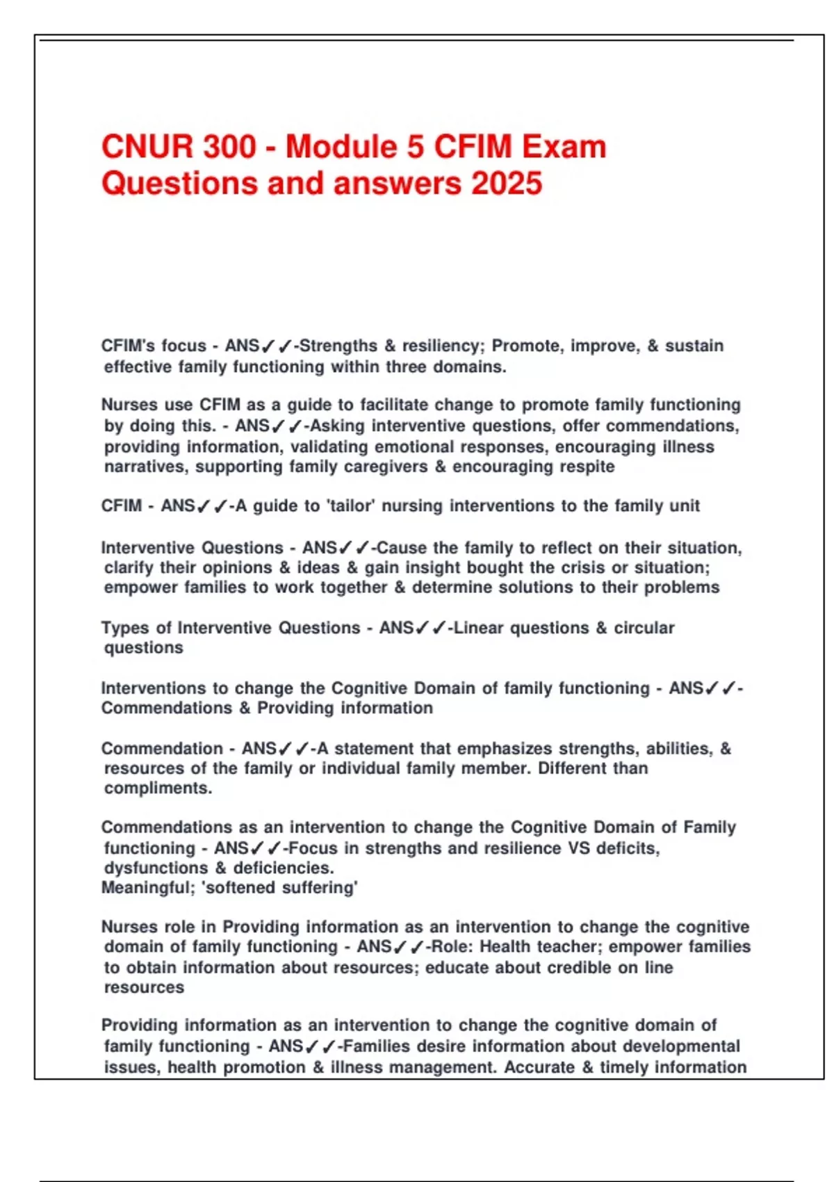 CNUR 300 - Module 5 CFIM Exam Questions and answers 2025. - CNUR 300 ...