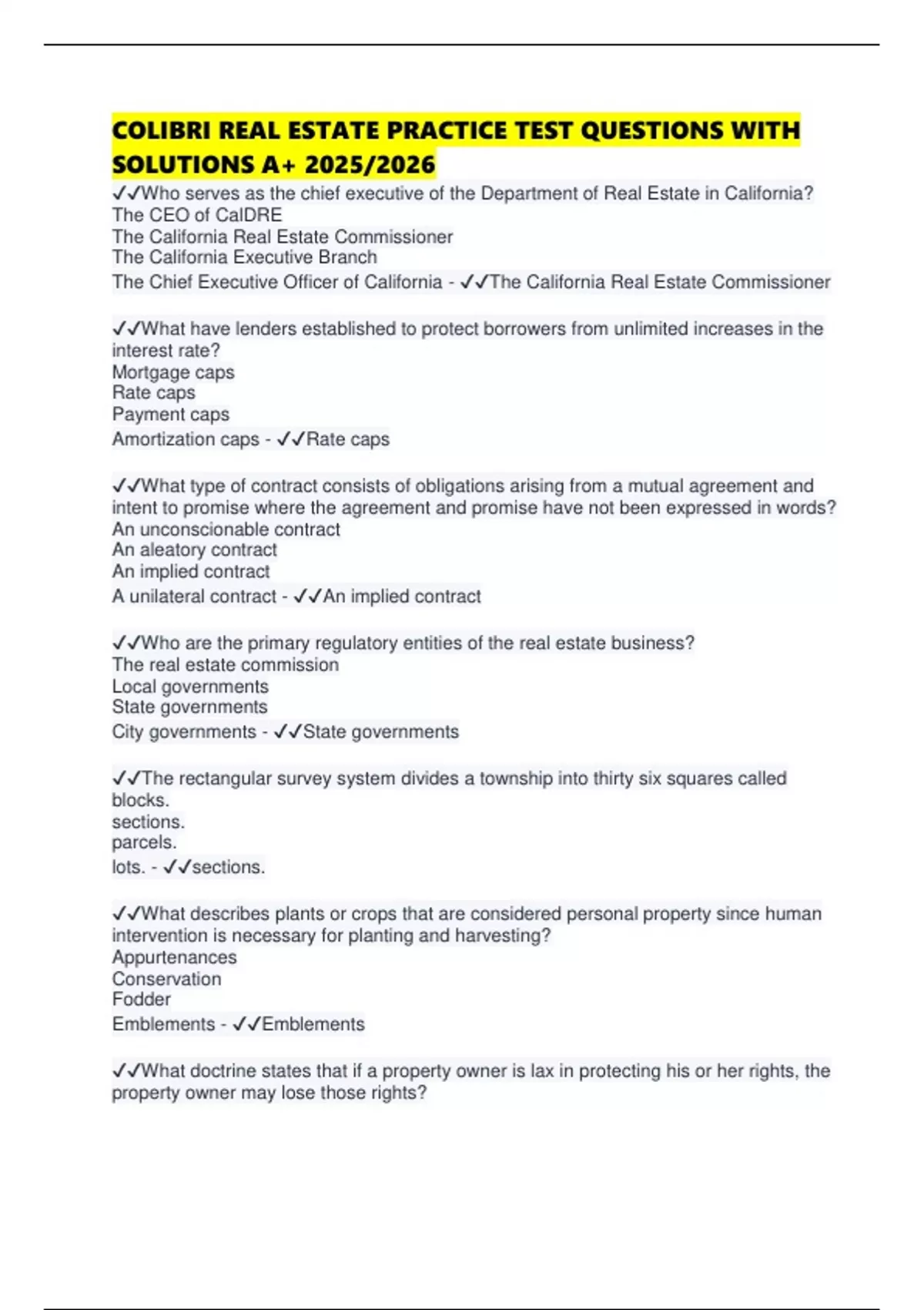 COLIBRI REAL ESTATE PRACTICE TEST QUESTIONS WITH SOLUTIONS A+ 2025/2026 ...