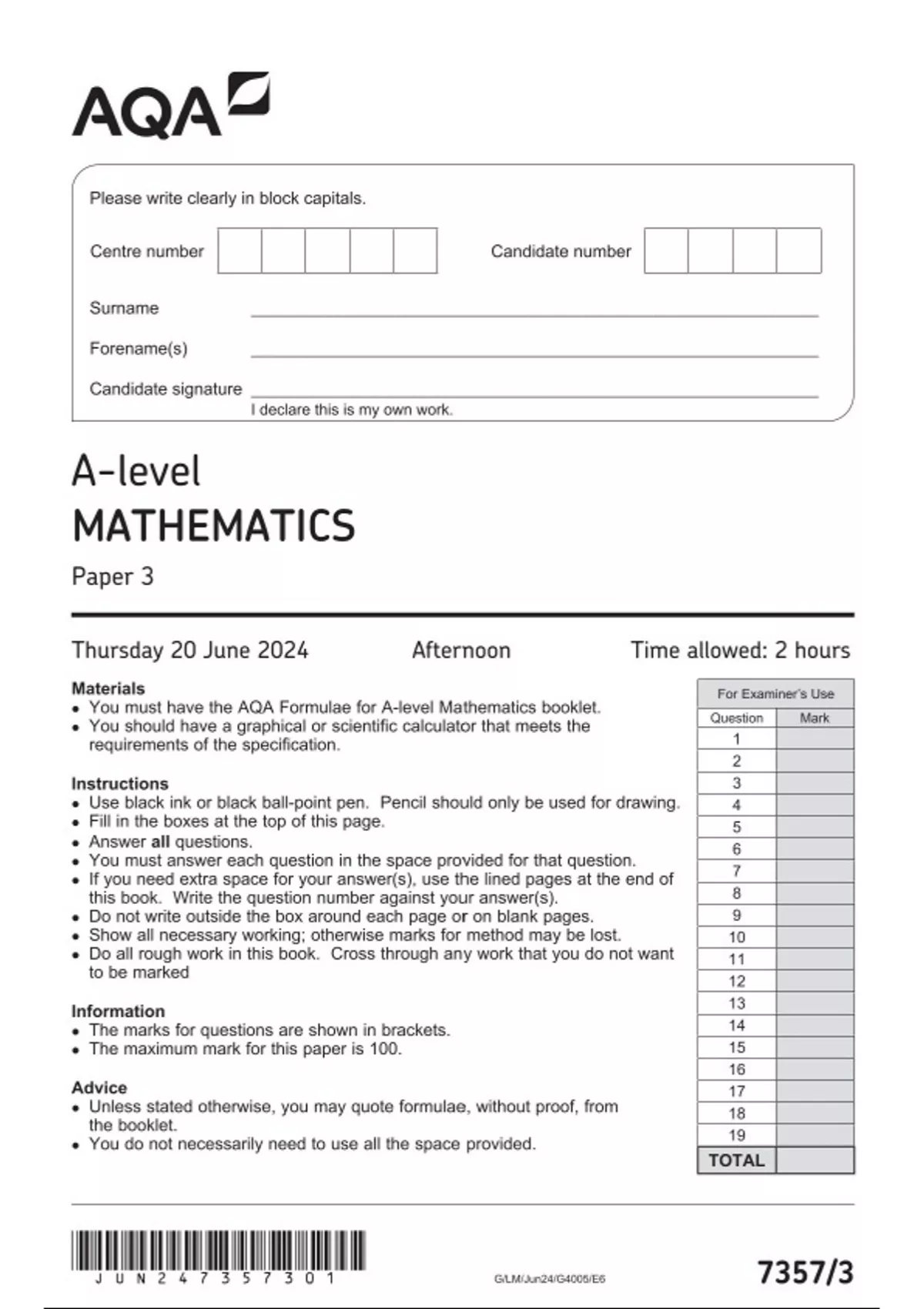 AQA A-level MATHEMATICS Paper 3 JUNE 2024 QUESTION PAPER - A-level ...