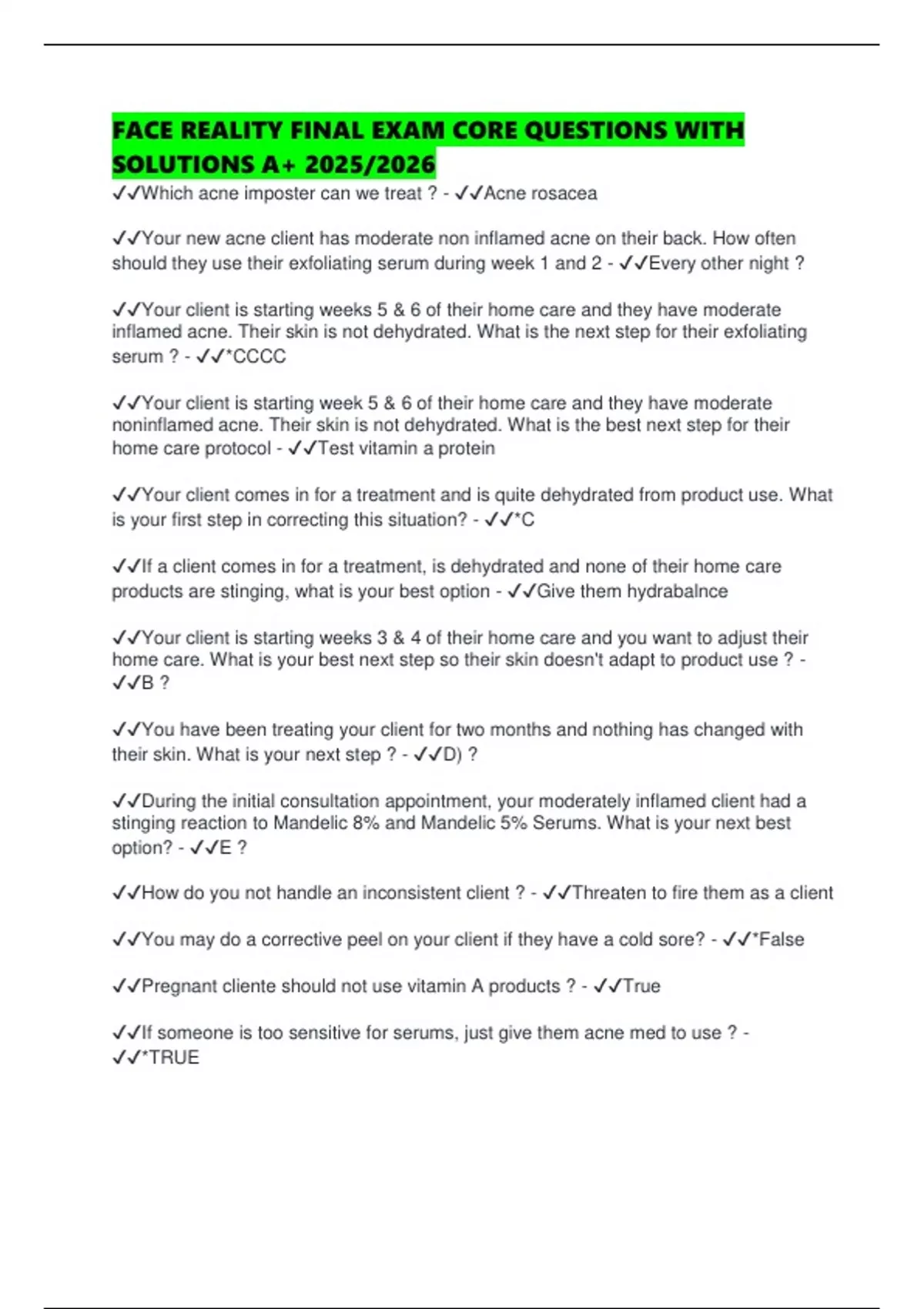 FACE REALITY FINAL EXAM CORE QUESTIONS WITH SOLUTIONS A+ 2025/2026 ...