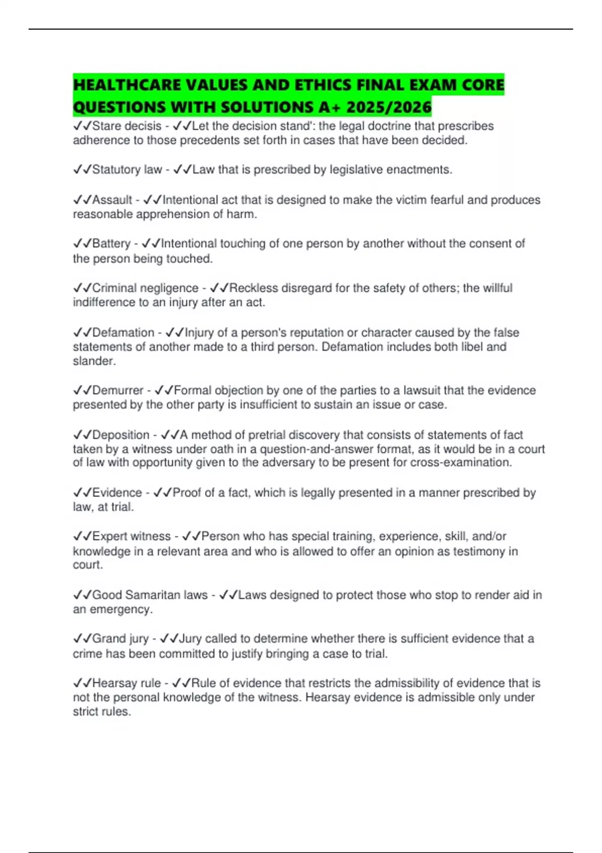 HEALTHCARE VALUES AND ETHICS FINAL EXAM CORE QUESTIONS WITH SOLUTIONS ...
