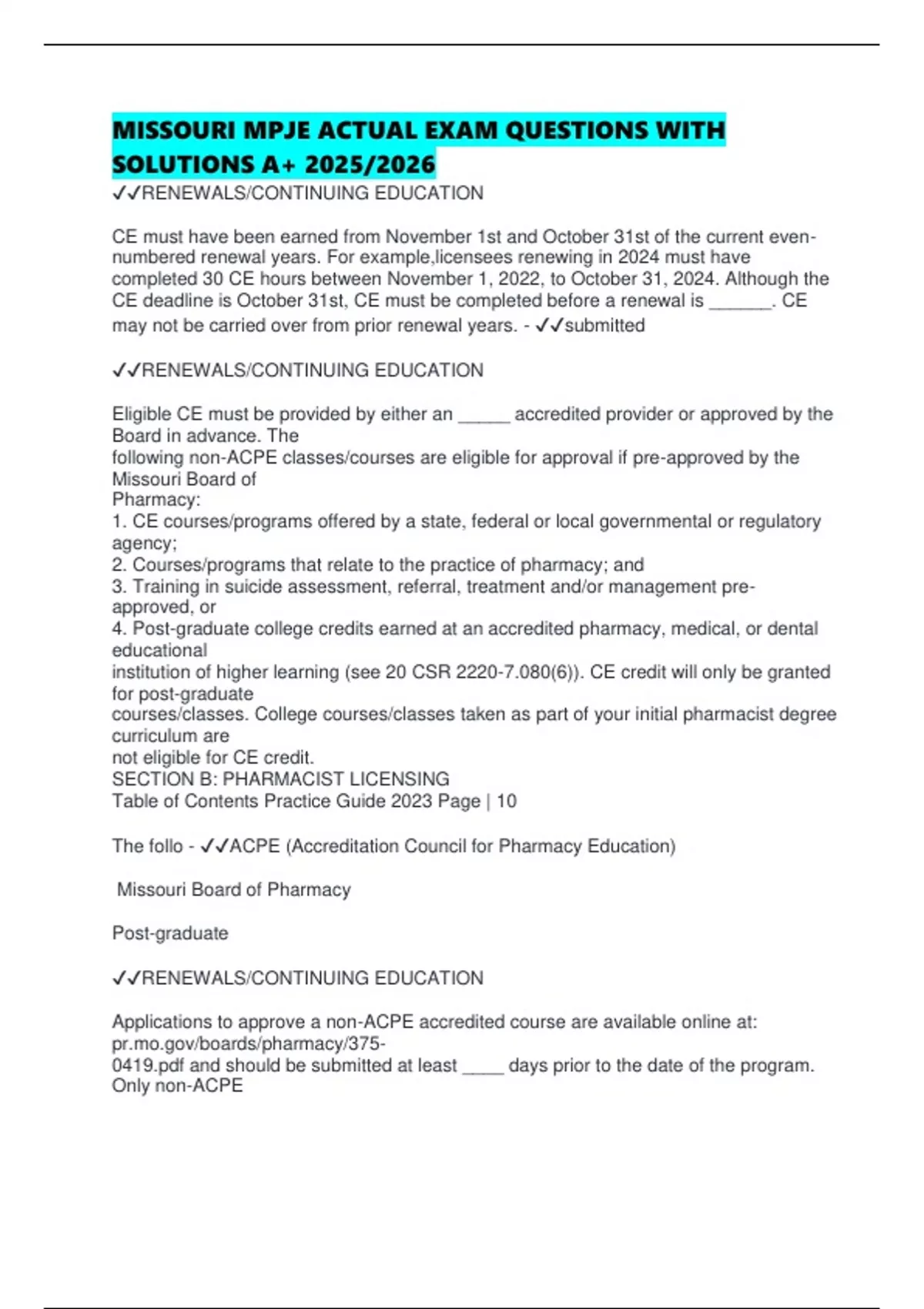 MISSOURI MPJE ACTUAL EXAM QUESTIONS WITH SOLUTIONS A+ 2025/2026 Mpje