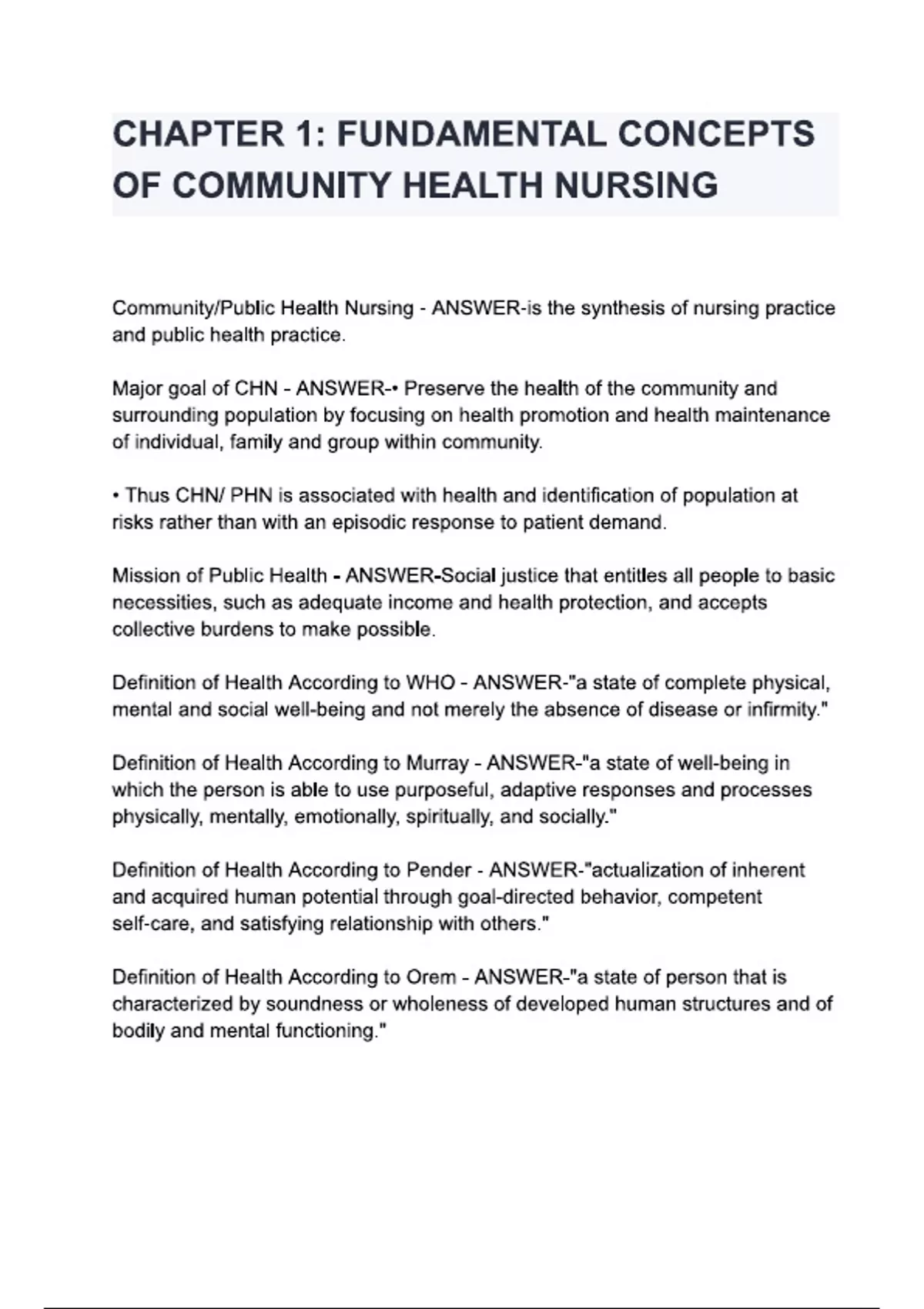 FUNDAMENTAL CONCEPTS OF COMMUNITY HEALTH NURSING questions and answers ...
