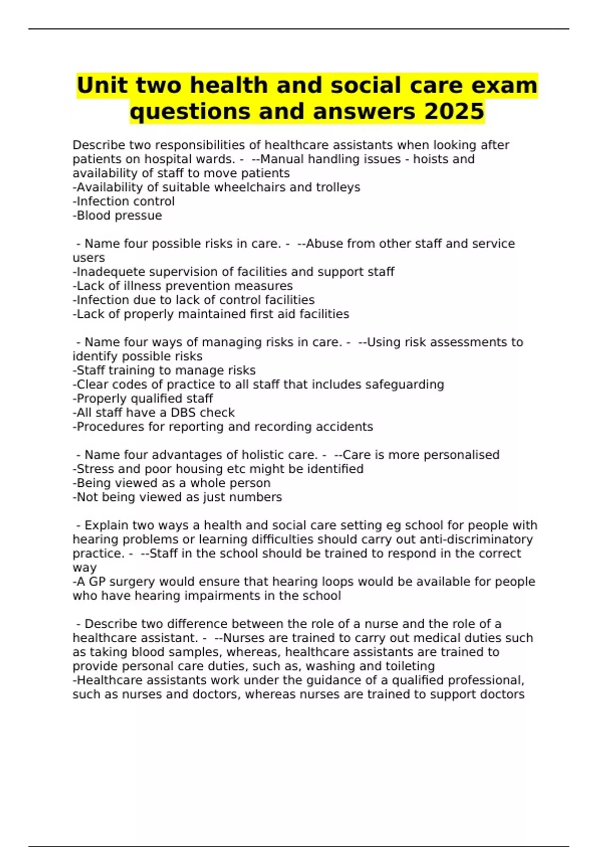 Unit two health and social care exam questions and answers 2025 - Unit ...