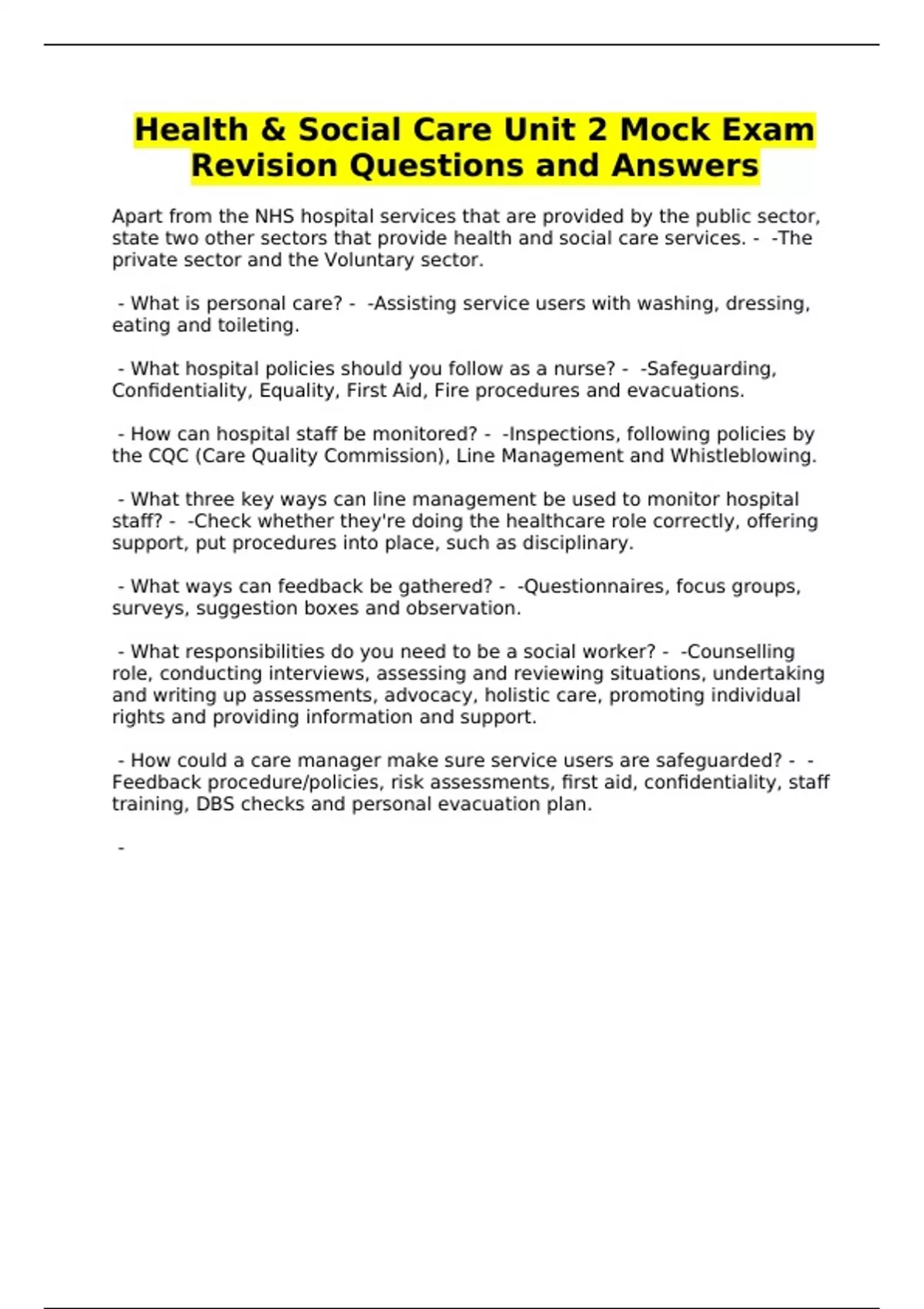 Health & Social Care Unit 2 Mock Exam Revision Questions and Answers ...