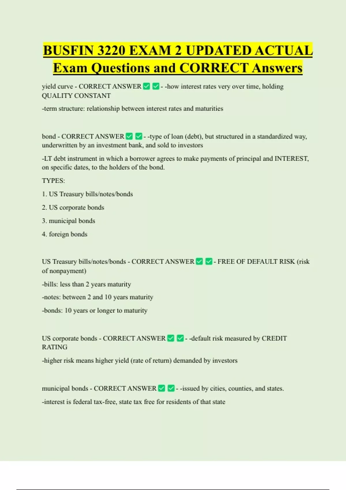 BUSFIN 3220 EXAM 2 UPDATED ACTUAL Exam Questions and CORRECT Answers ...