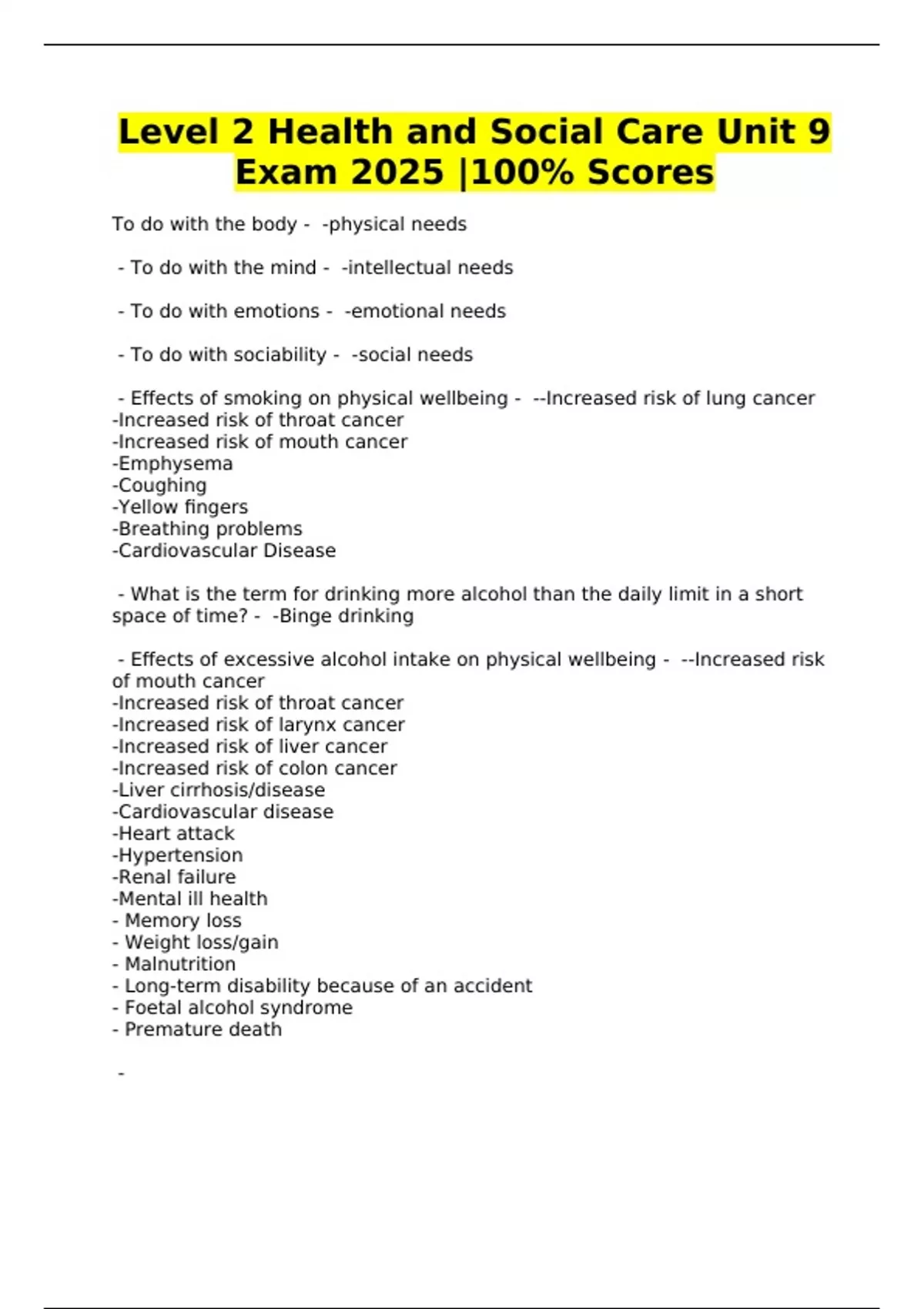 Level 2 Health and Social Care Unit 9 Exam 2025 |100% Scores - Level 2 ...