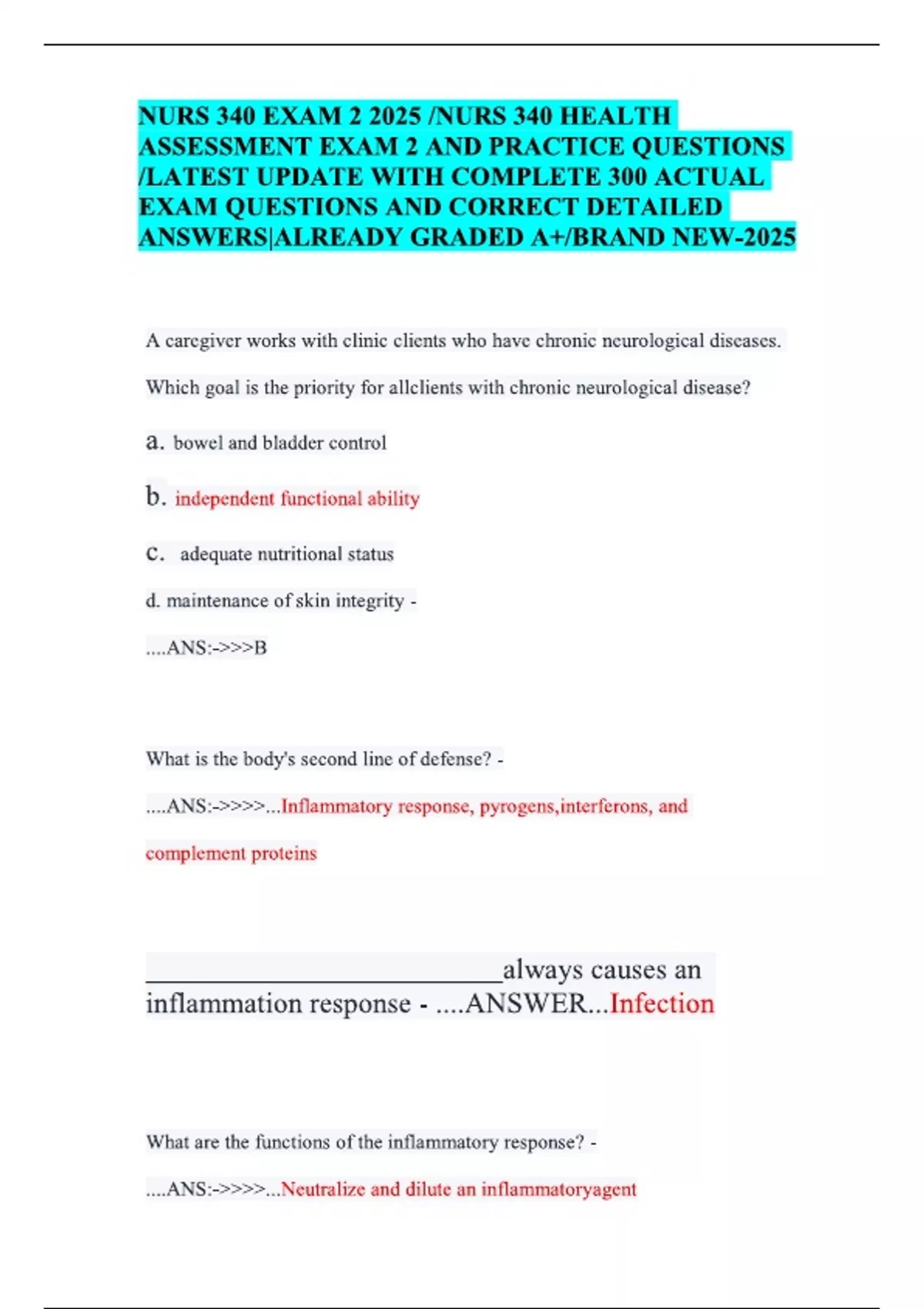 NURS 340 EXAM 2 2025 /NURS 340 HEALTH ASSESSMENT EXAM 2 AND PRACTICE ...