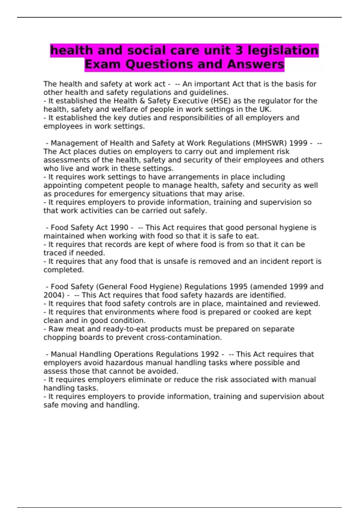 health and social care unit 3 legislation Exam Questions and Answers ...