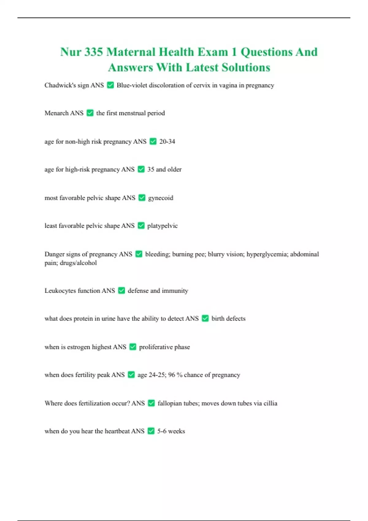 Nur 335 Maternal Health Exam 1 Questions And Answers With Latest ...