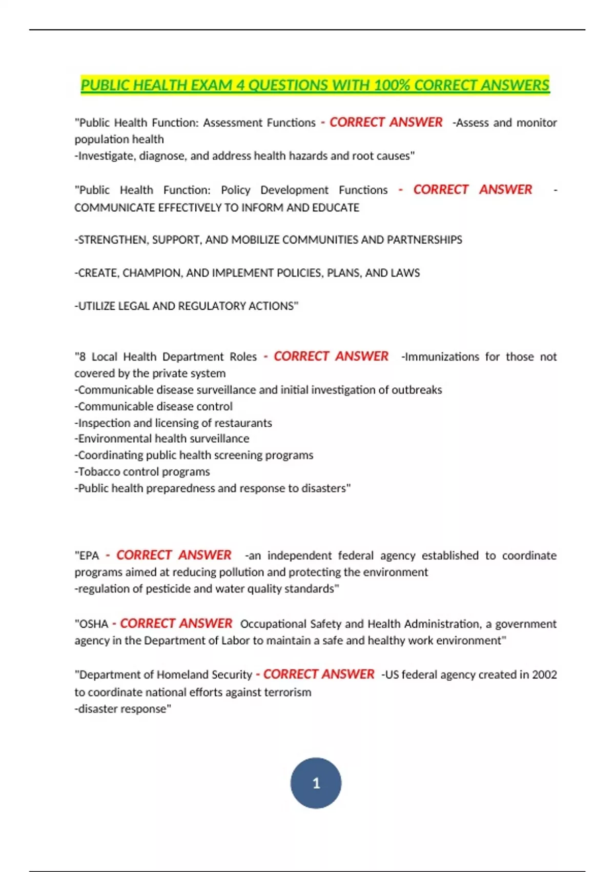 PUBLIC HEALTH EXAM 4 QUESTIONS WITH 100% CORRECT ANSWERS - Health ...
