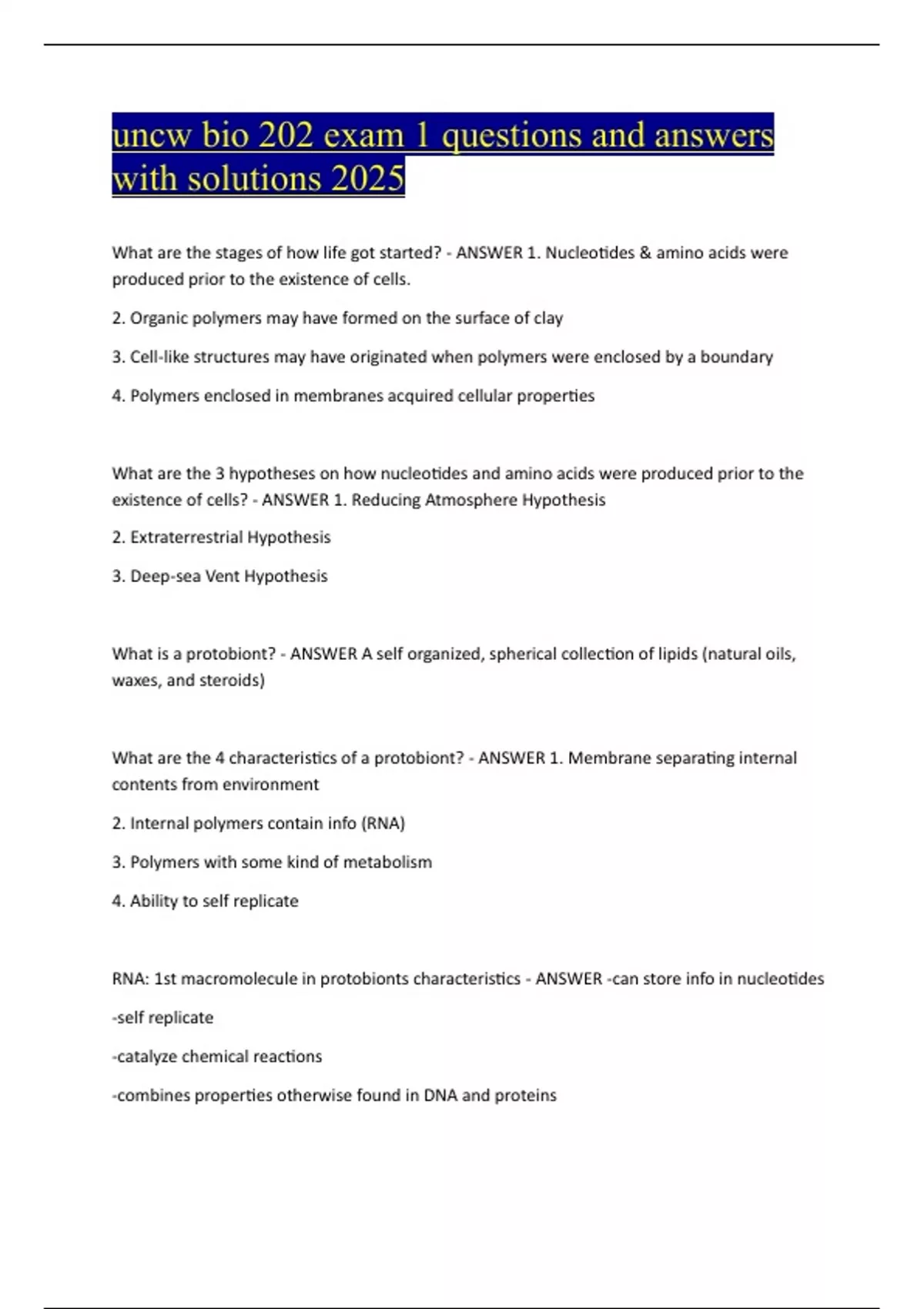 uncw bio 202 exam 1 questions and answers with solutions 2025 - BIO 202 ...