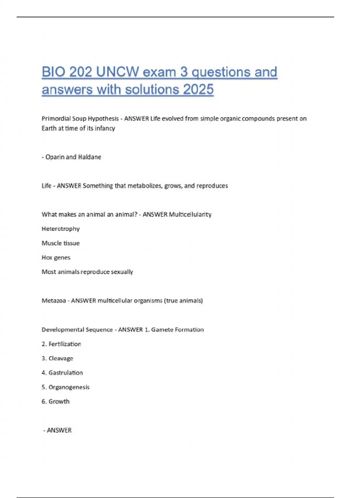 BIO 202 UNCW exam 3 questions and answers with solutions 2025 - BIO 202 ...